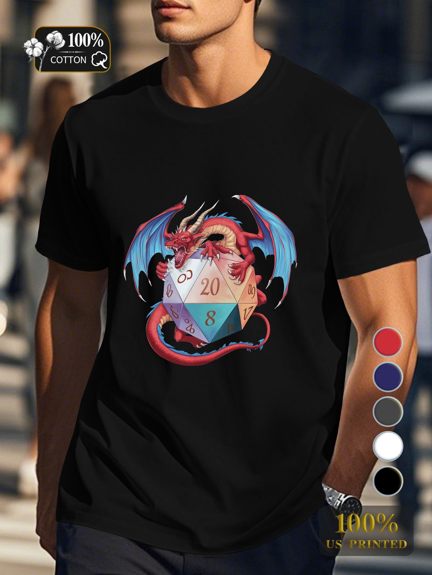 Red dragon with d20 Men's pure cotton Tshirt Comfort Fit