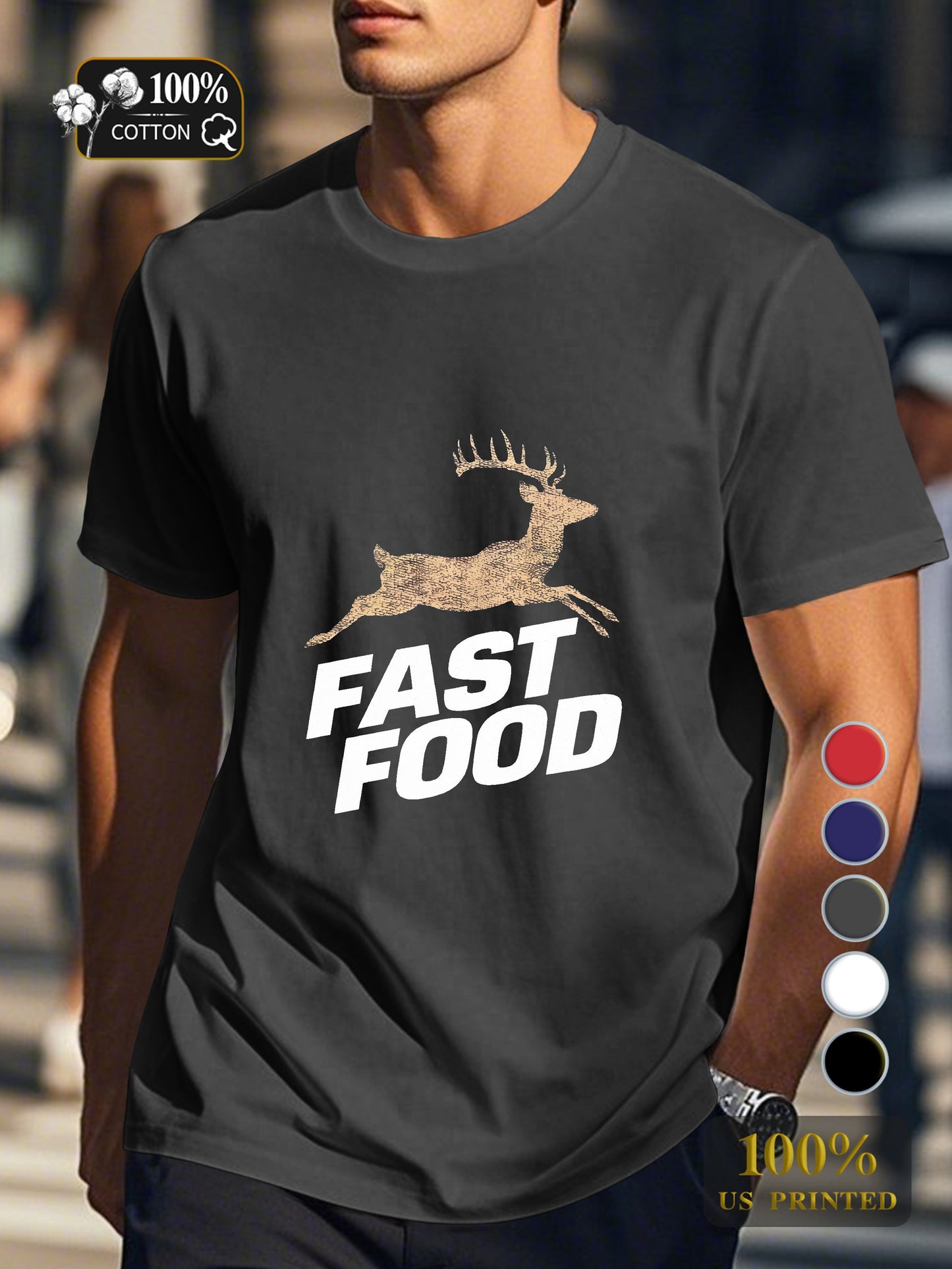 FAST FOOD with a deer twist Men's pure cotton Tshirt Comfort Fit