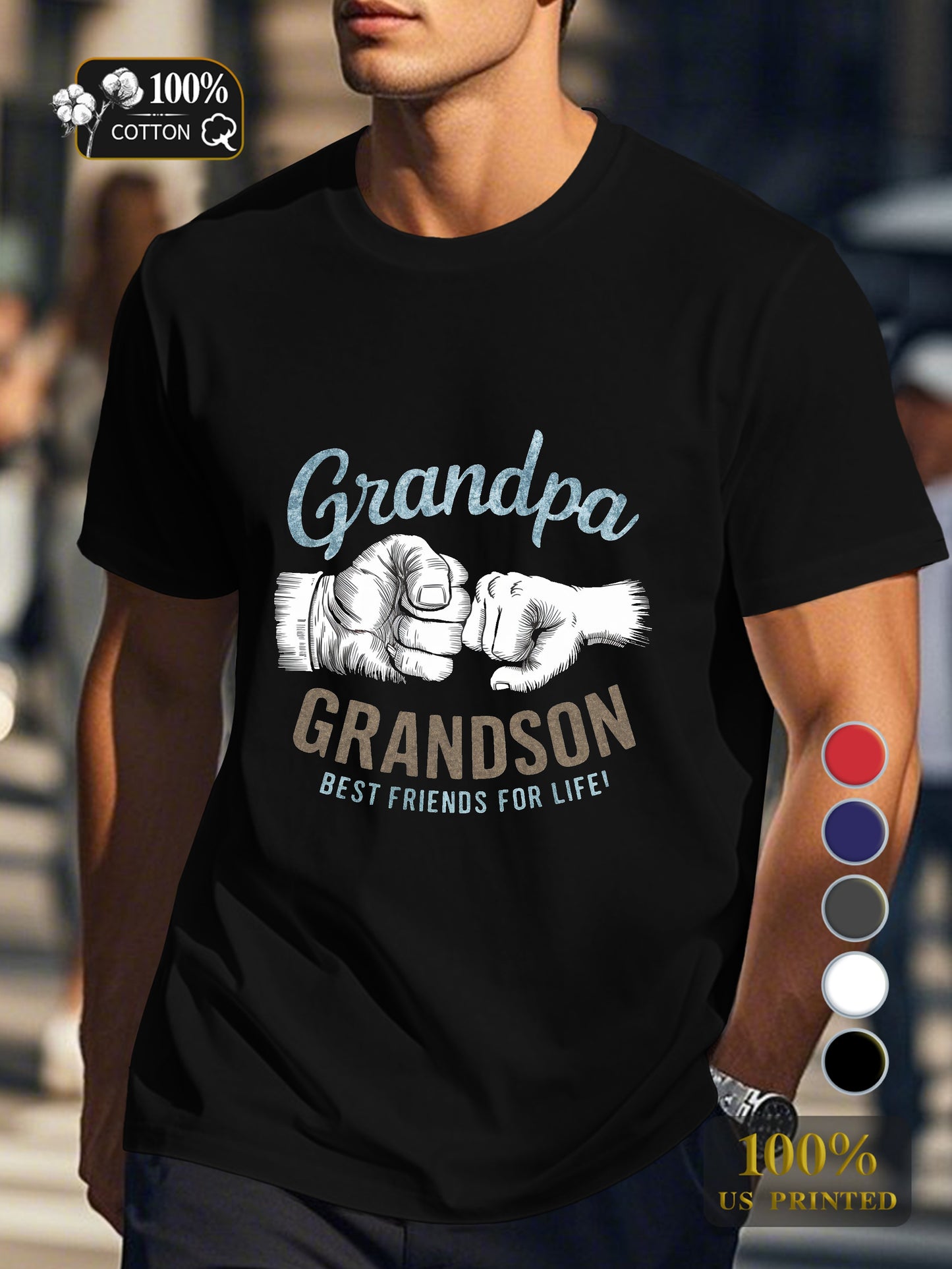 Grandpa and grandson illustration Men's pure cotton Tshirt Comfort Fit