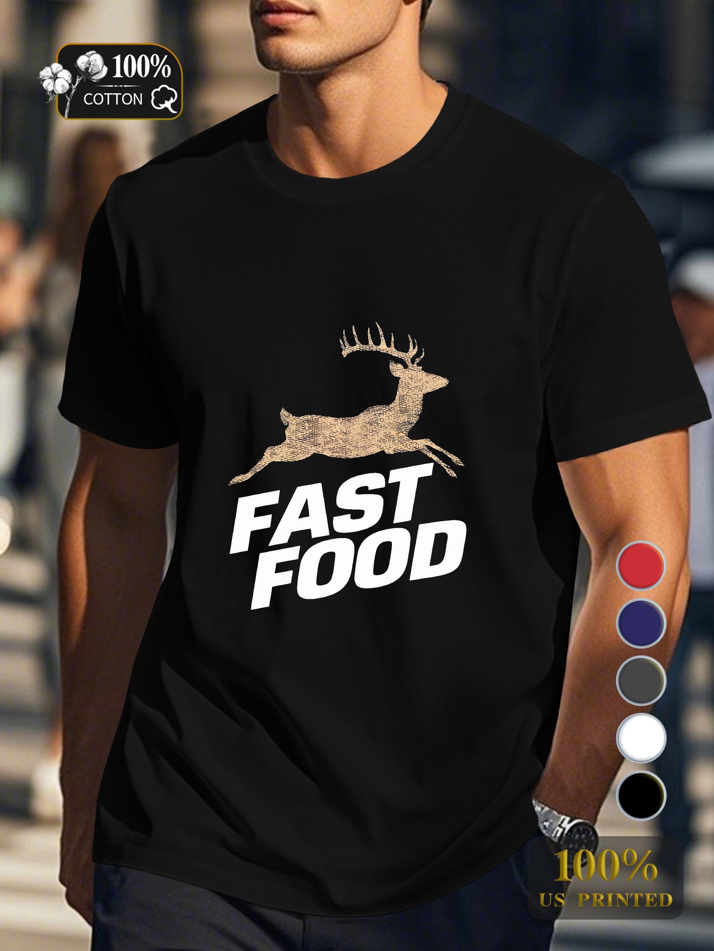 FAST FOOD with a deer twist Men's pure cotton Tshirt Comfort Fit