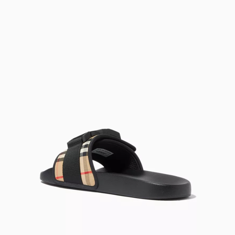 Buckled Strap Slides Check Cotton