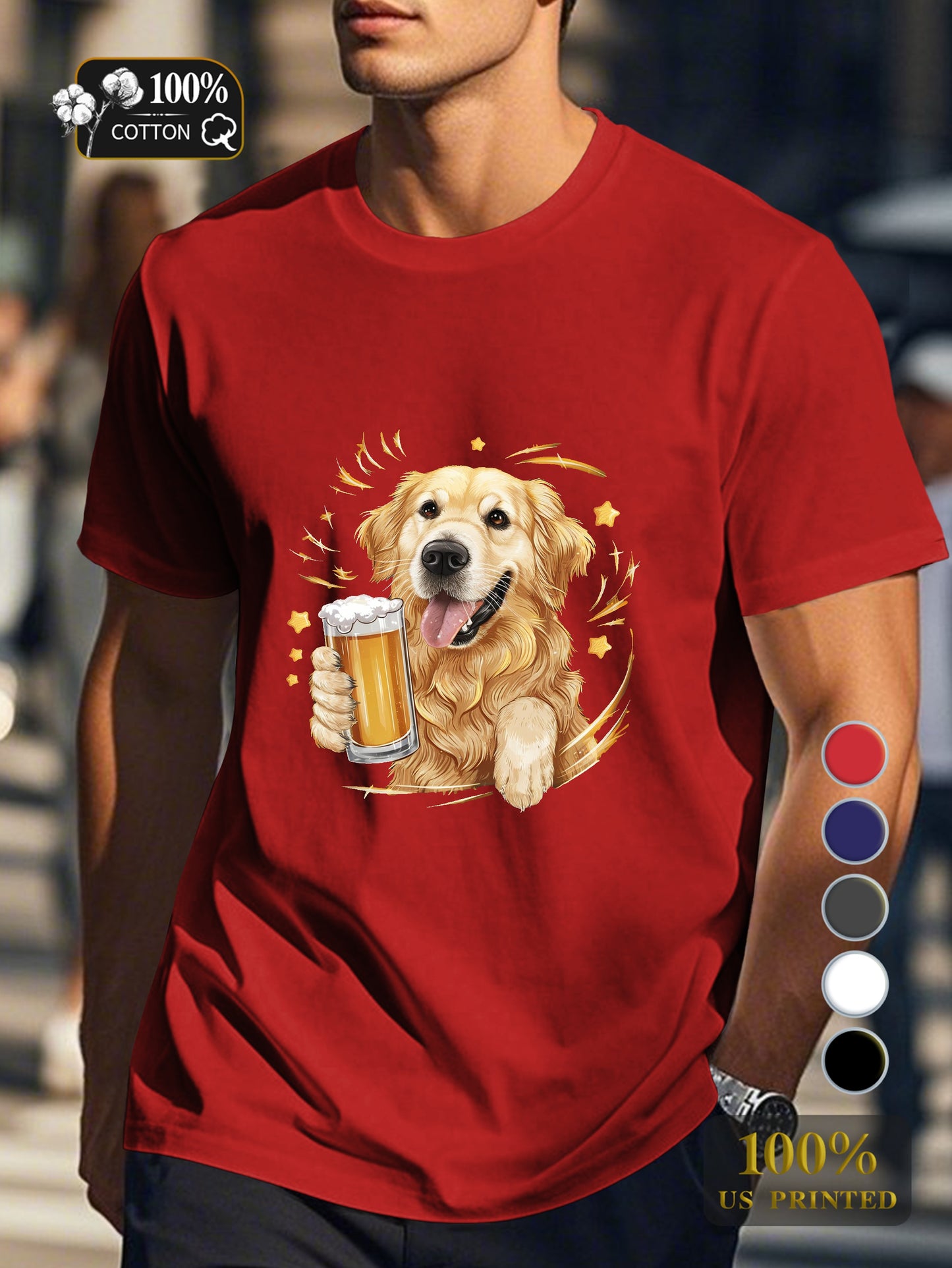 Golden retriever with beer Men's pure cotton Tshirt Comfort Fit