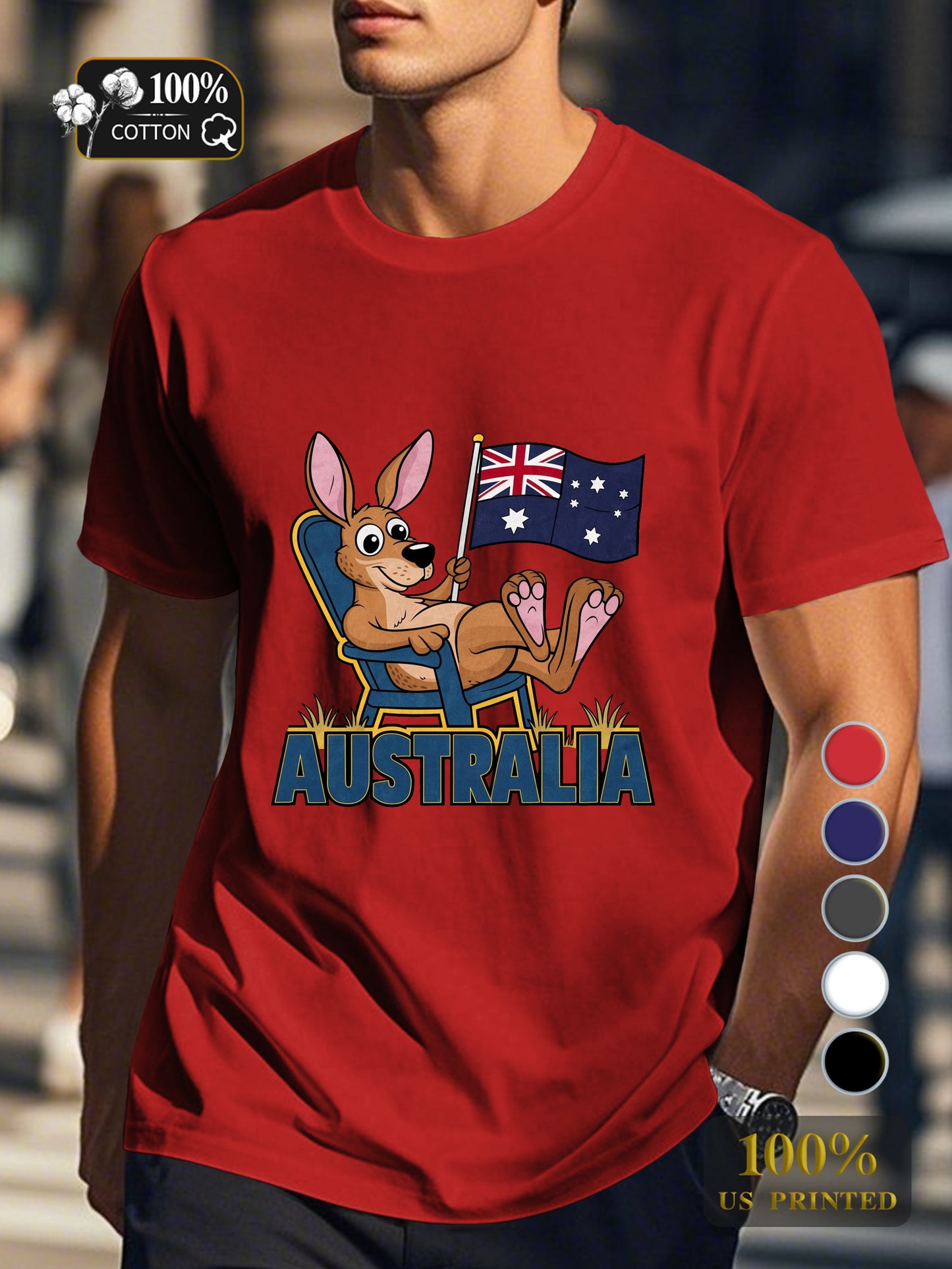 Cartoon kangaroo with flag Men's pure cotton Tshirt Comfort Fit