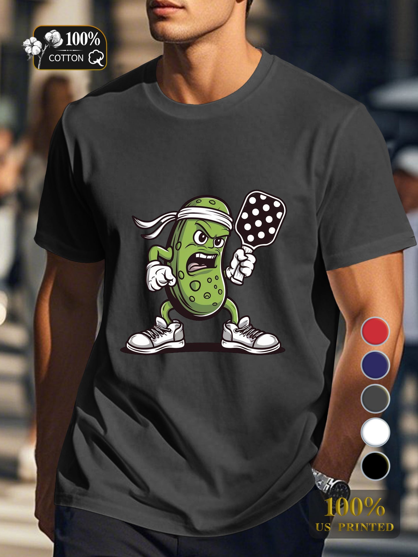 determined pickle character playing pickleball Men's pure cotton Tshirt Comfort Fit