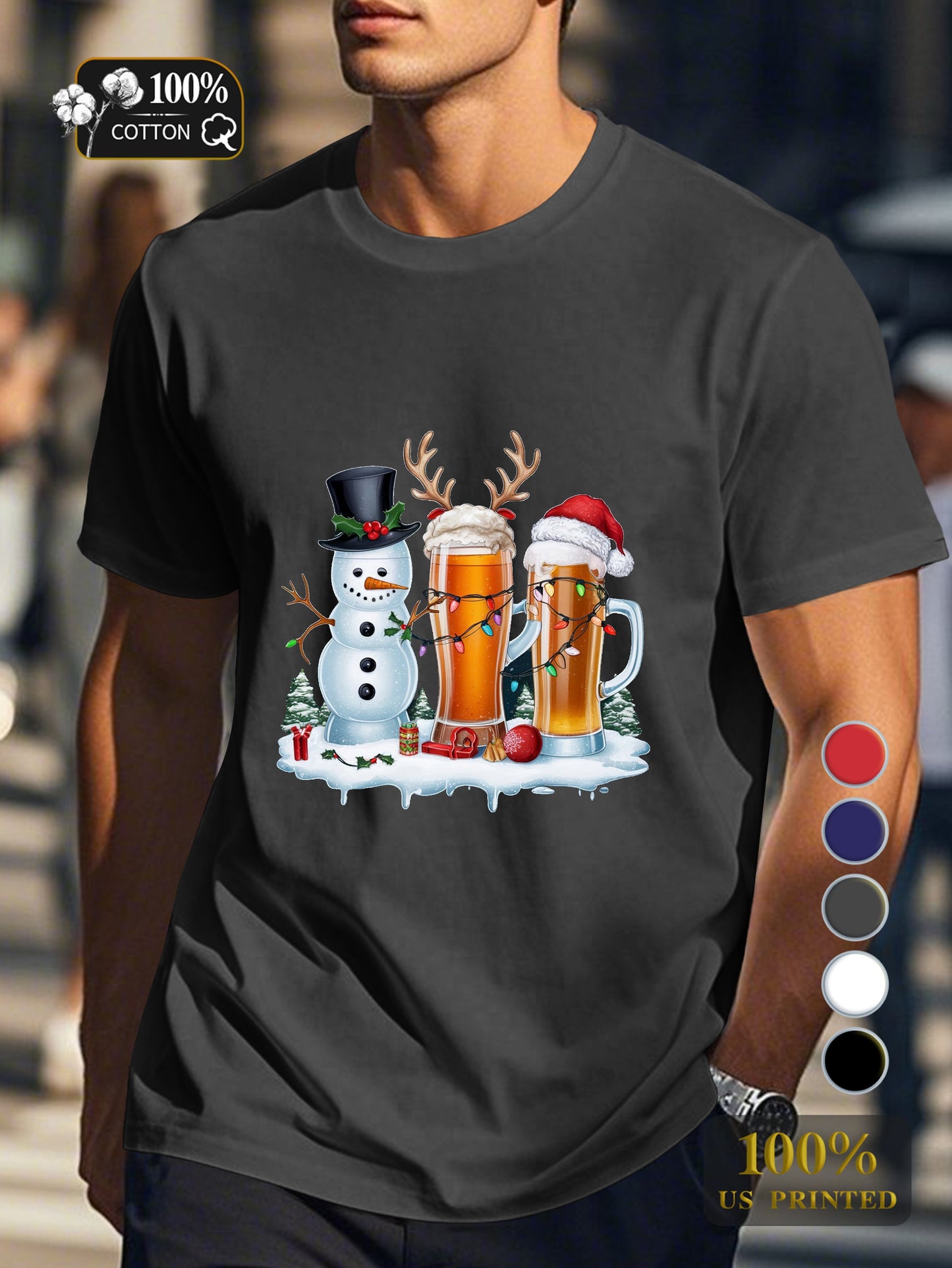 Holiday themed beer glasses Men's pure cotton Tshirt Comfort Fit