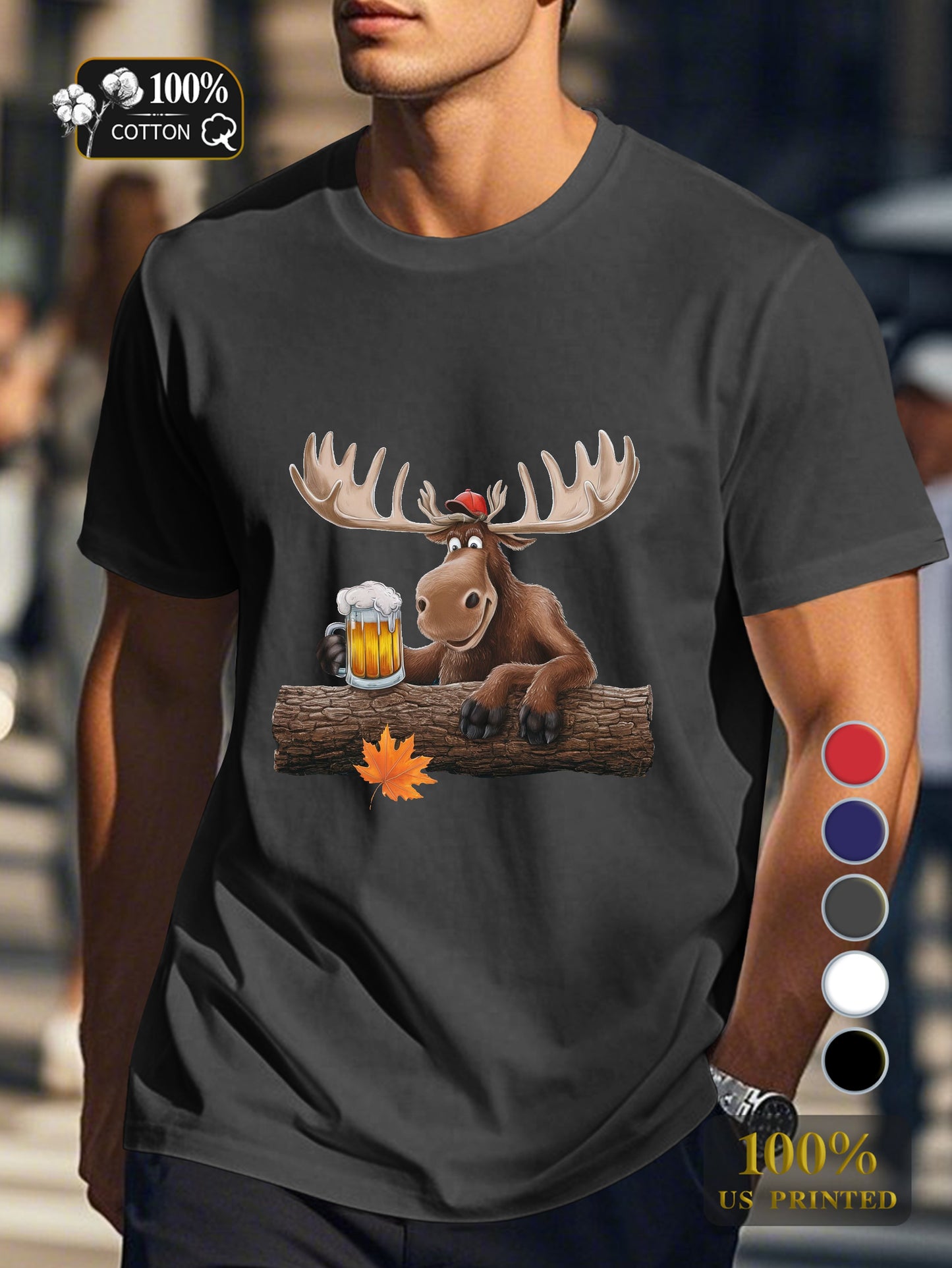 cartoon moose with beer Men's pure cotton Tshirt Comfort Fit