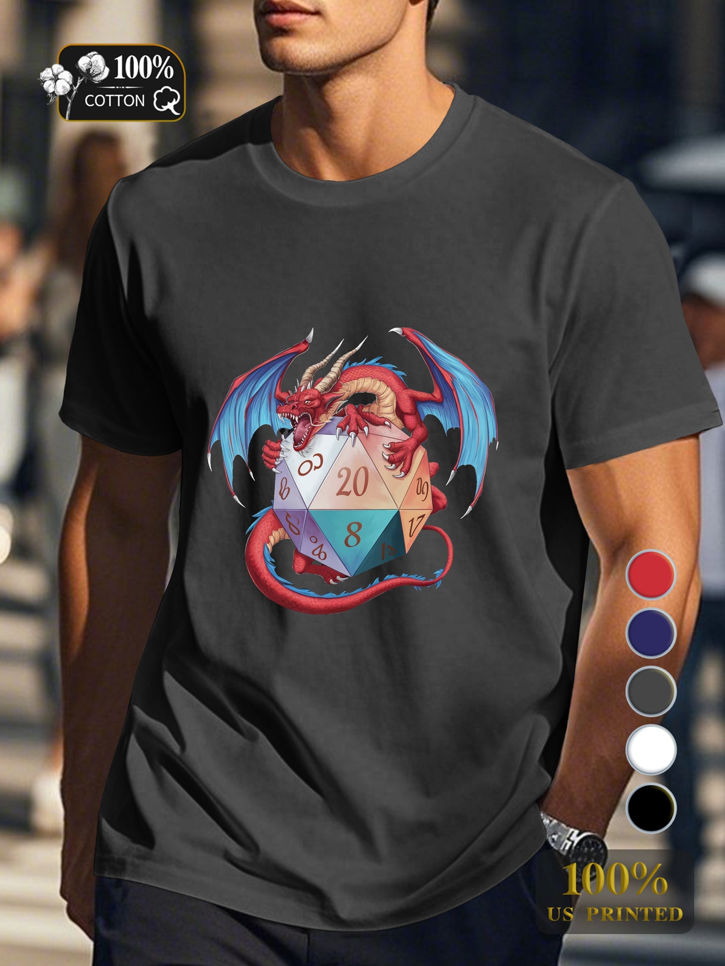 Red dragon with d20 Men's pure cotton Tshirt Comfort Fit