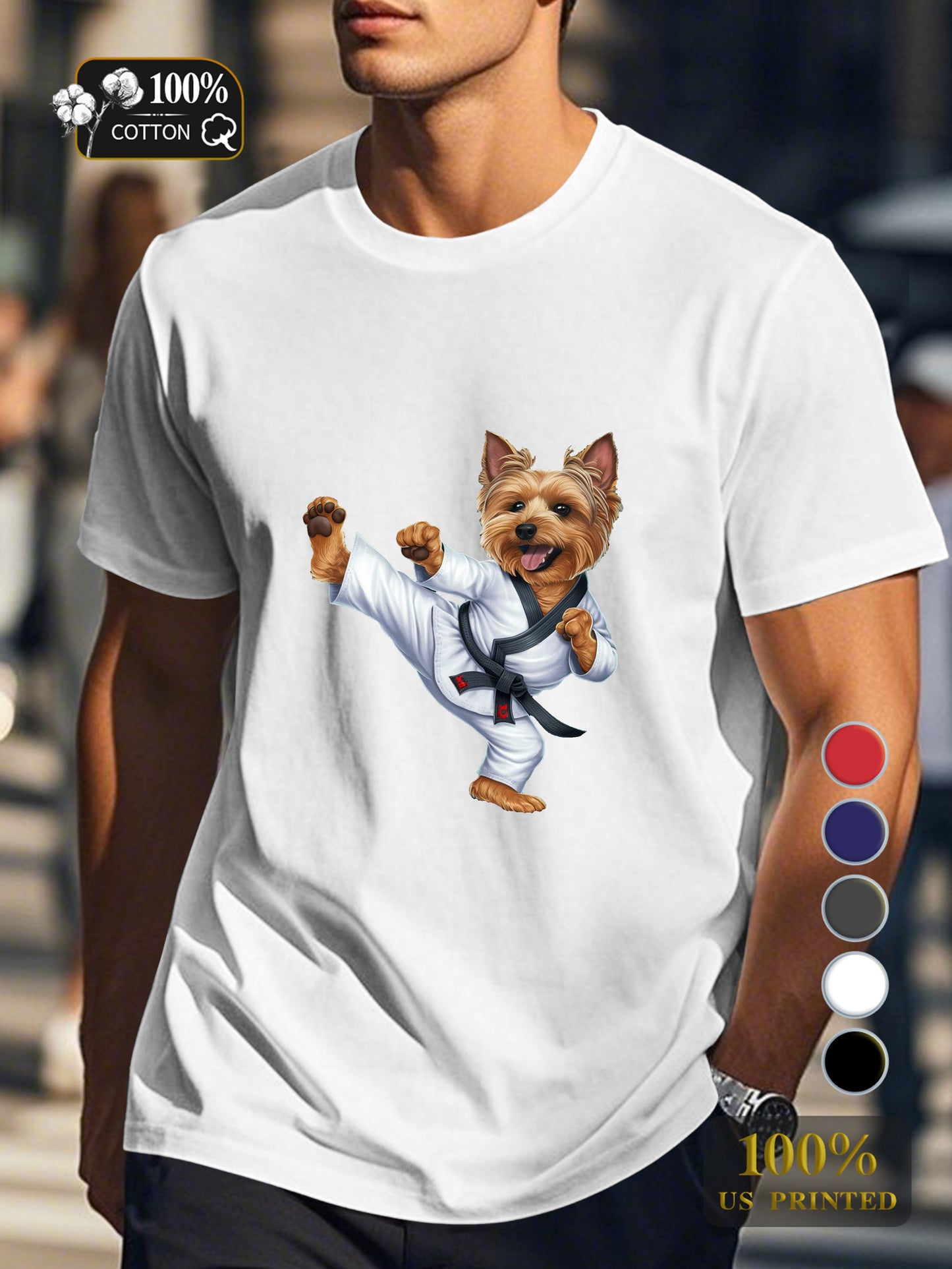 Yorkshire Terrier in martial arts gi Men's pure cotton Tshirt Comfort Fit