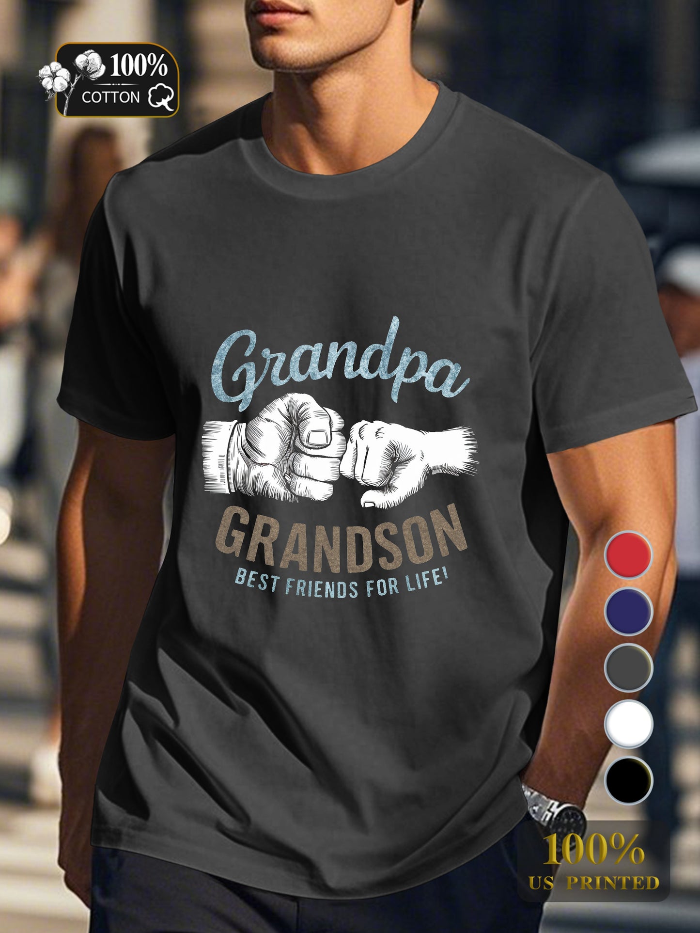 Grandpa and grandson illustration Men's pure cotton Tshirt Comfort Fit