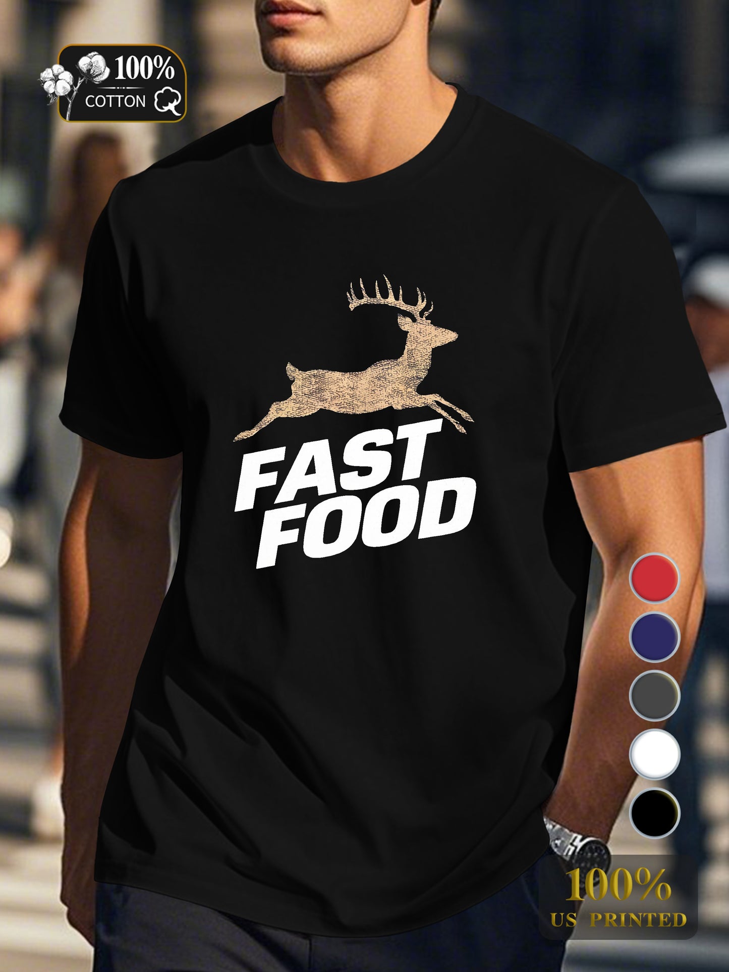 FAST FOOD with a deer twist Men's pure cotton Tshirt Comfort Fit