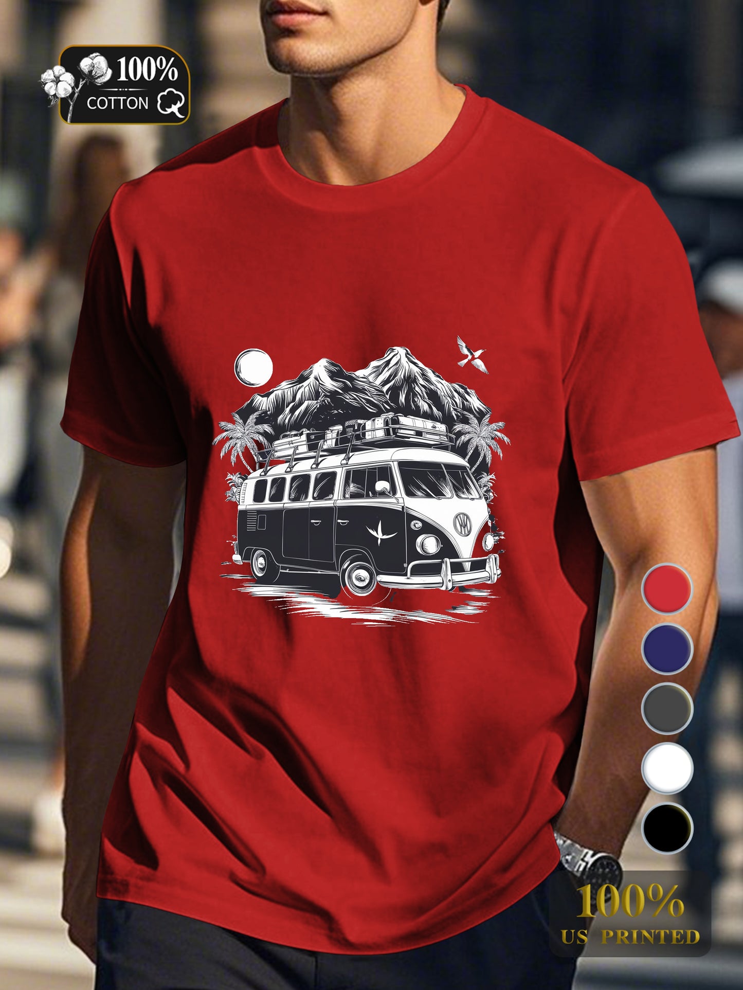 Vintage van with luggage Men's pure cotton Tshirt Comfort Fit