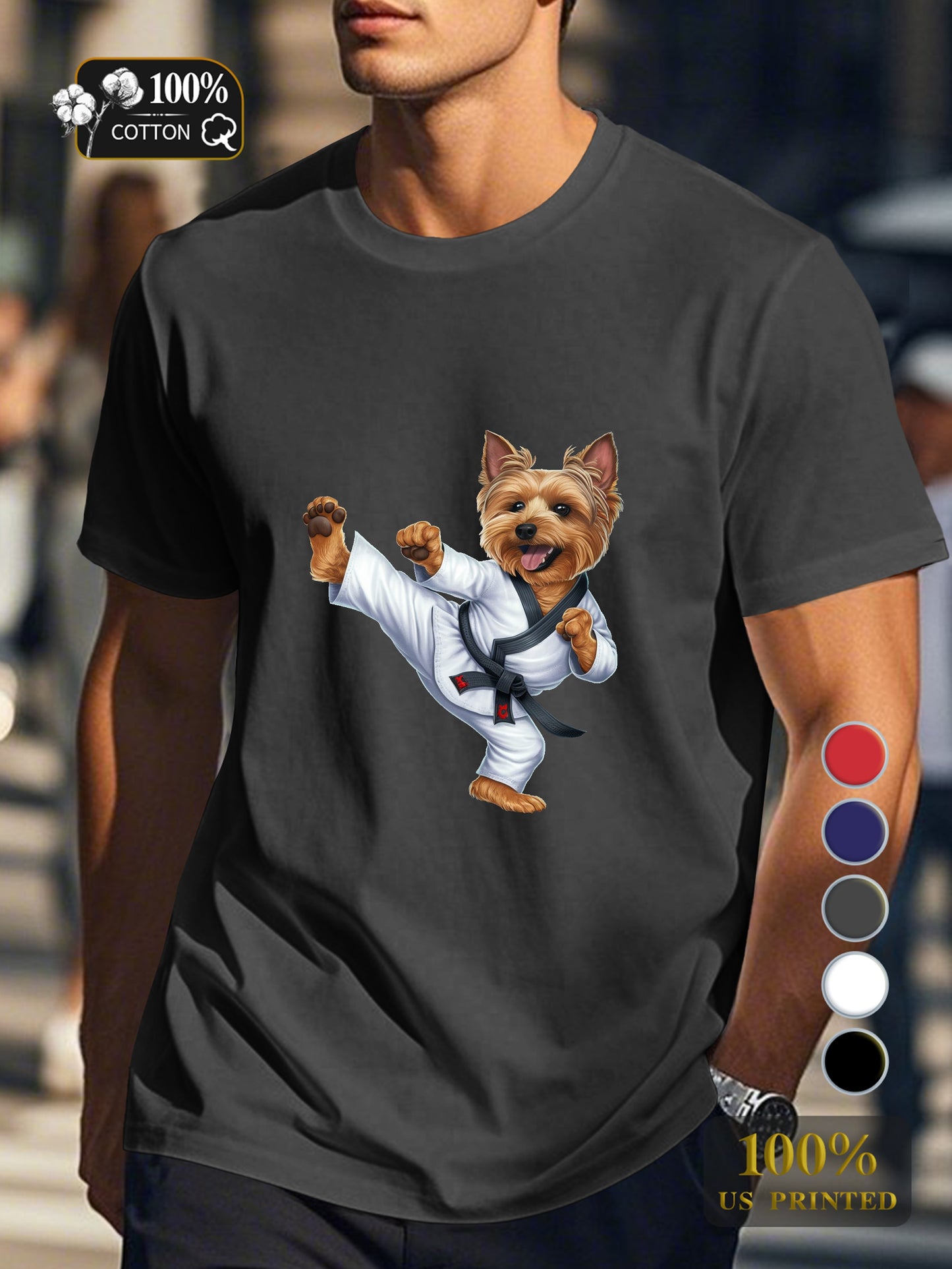 Yorkshire Terrier in martial arts gi Men's pure cotton Tshirt Comfort Fit