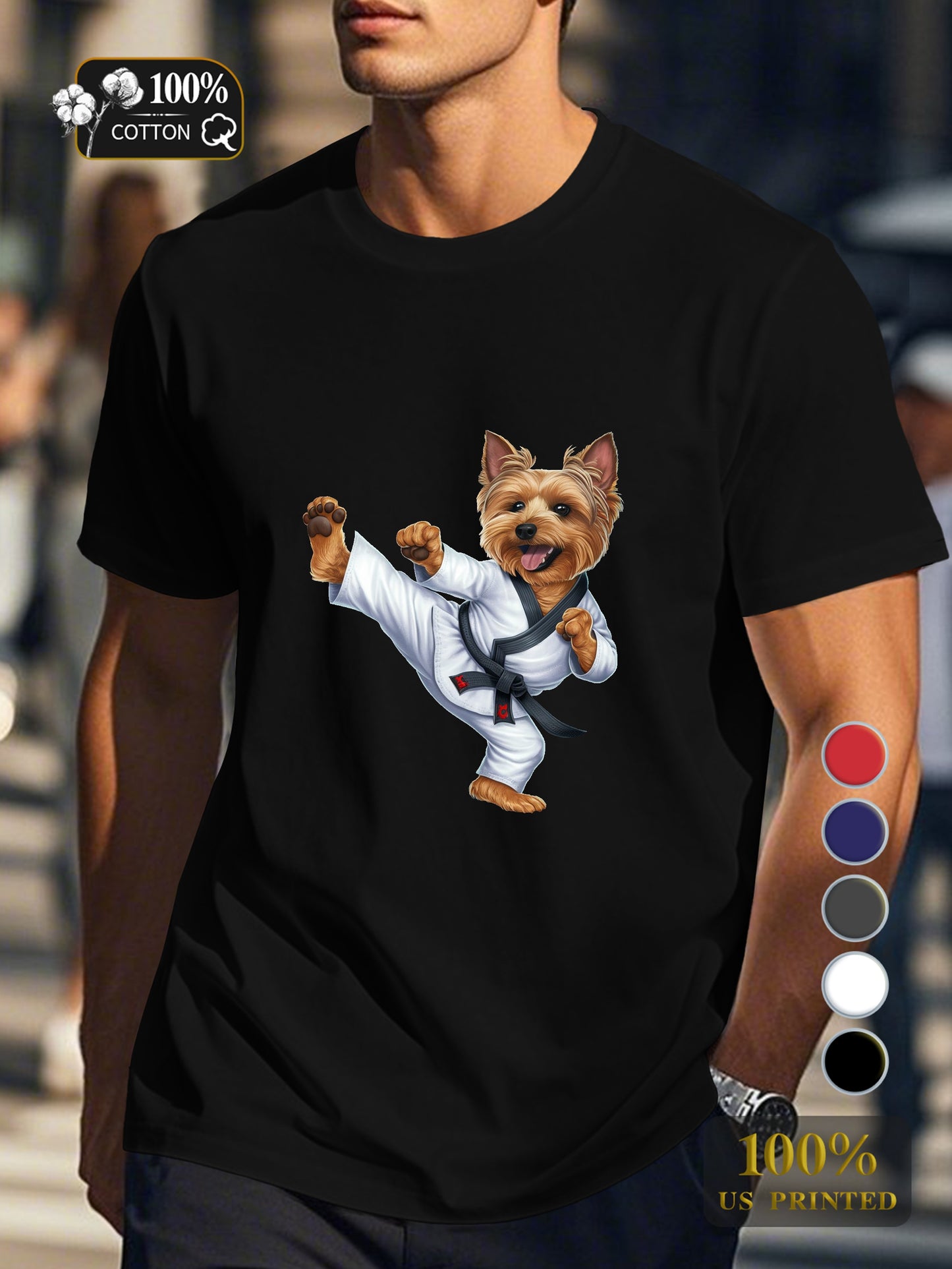Yorkshire Terrier in martial arts gi Men's pure cotton Tshirt Comfort Fit