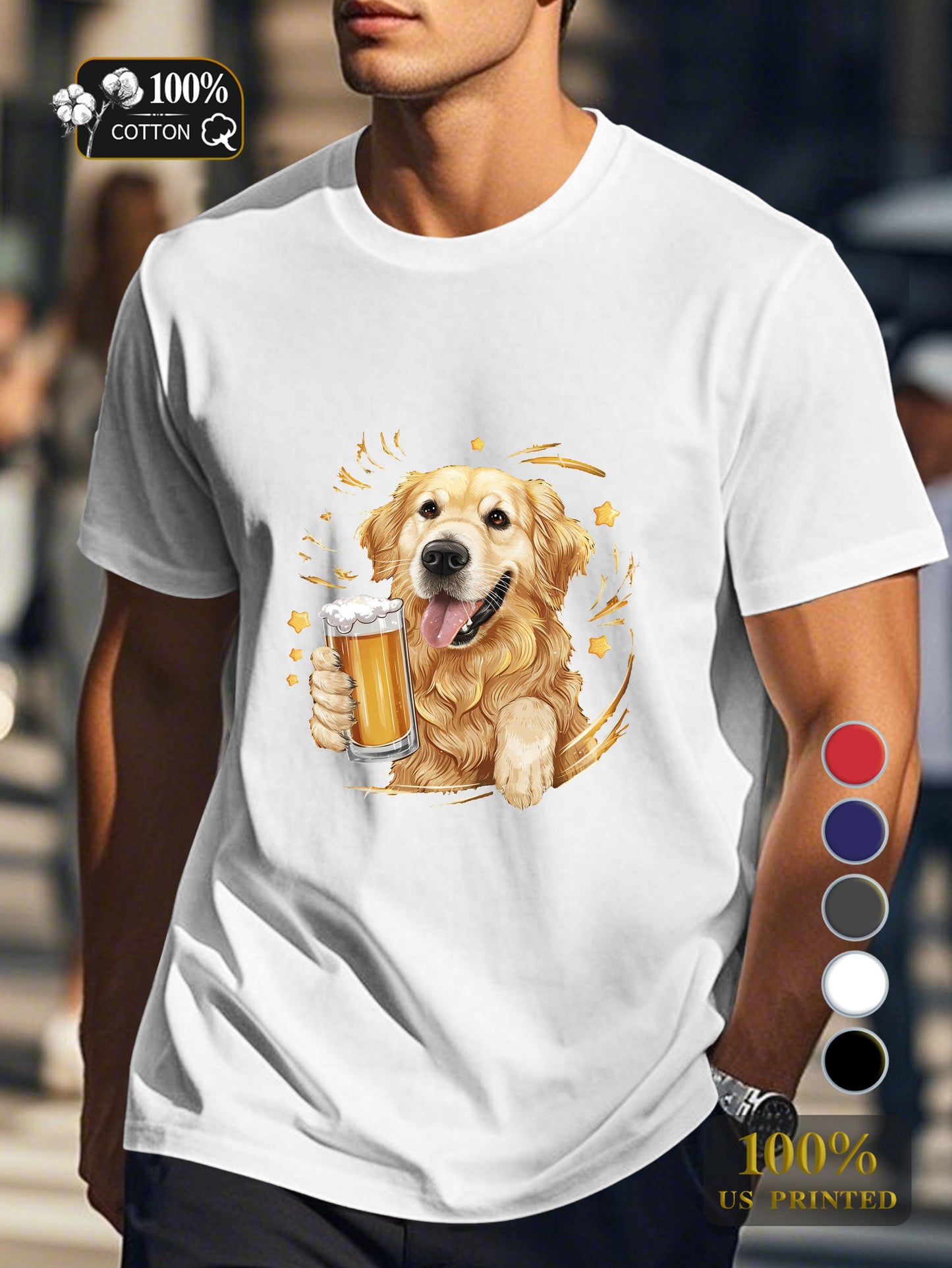 Golden retriever with beer Men's pure cotton Tshirt Comfort Fit