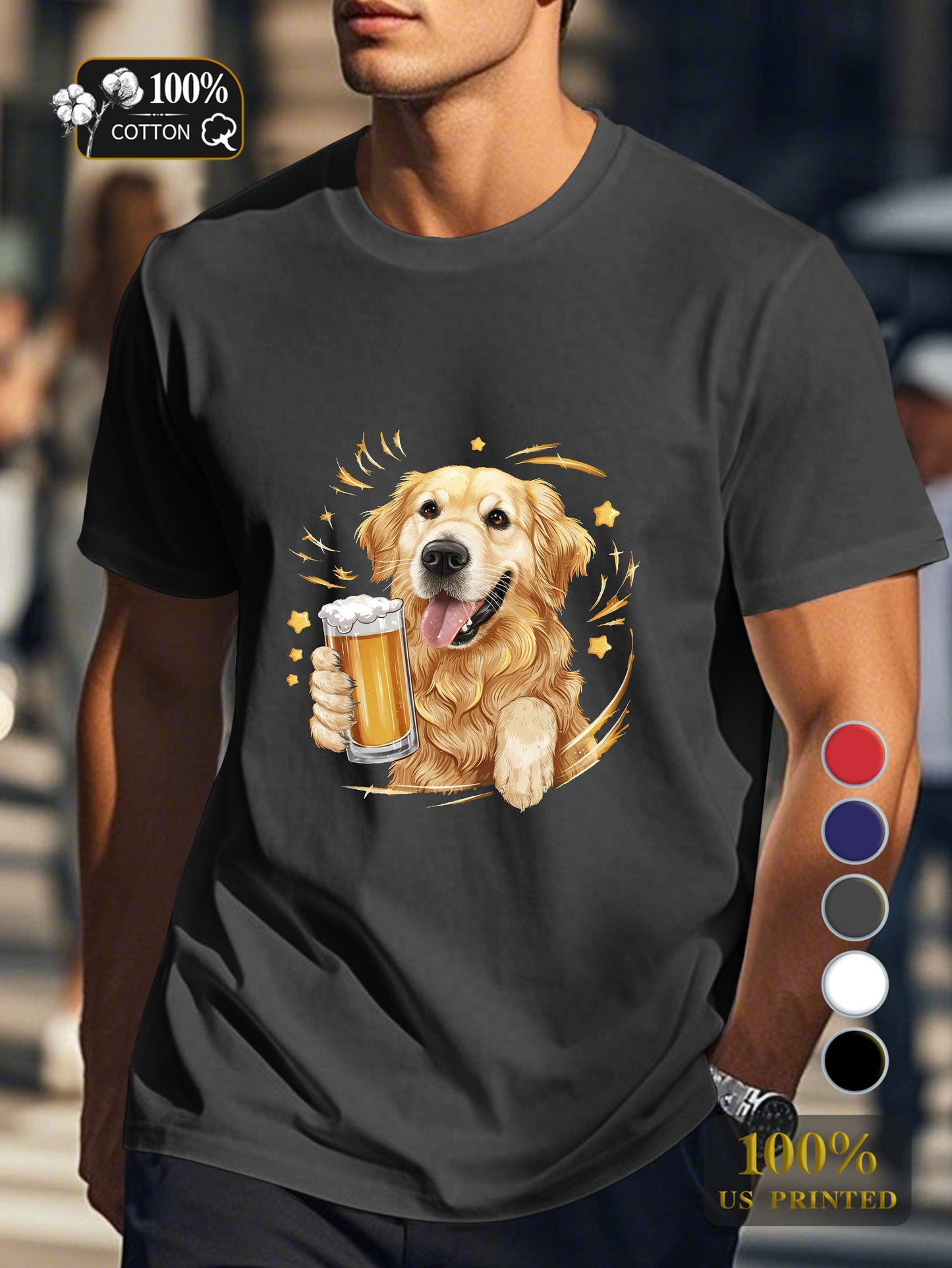 Golden retriever with beer Men's pure cotton Tshirt Comfort Fit