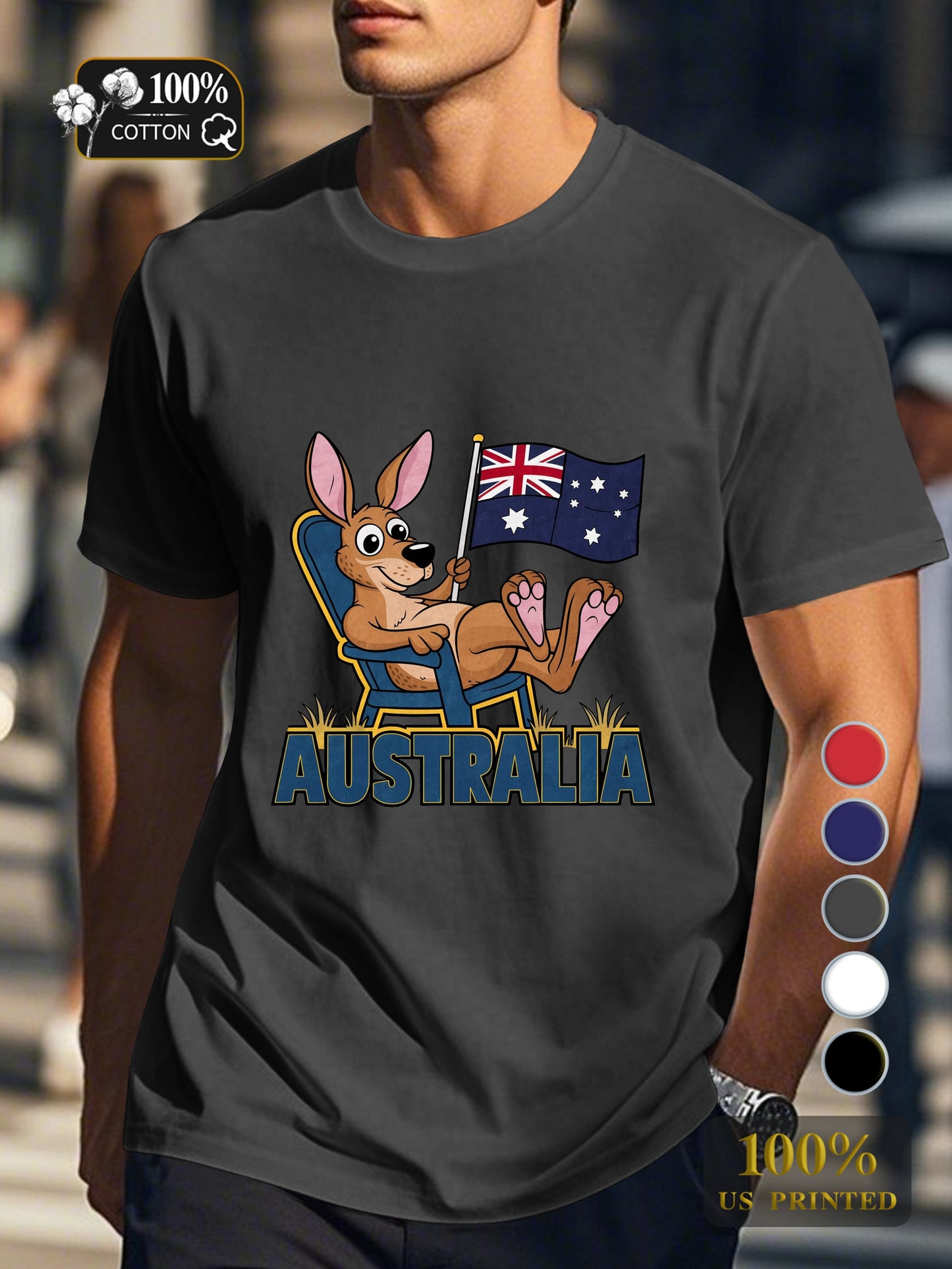Cartoon kangaroo with flag Men's pure cotton Tshirt Comfort Fit