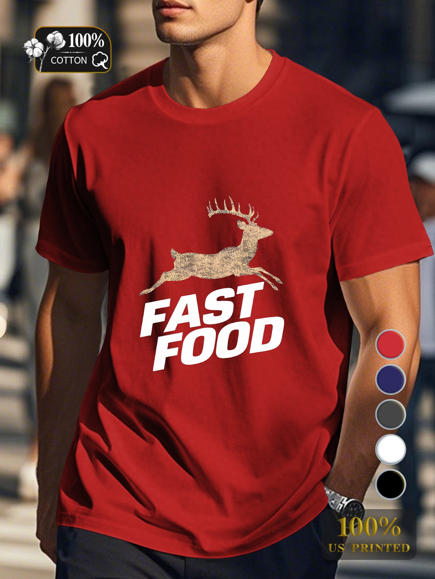 FAST FOOD with a deer twist Men's pure cotton Tshirt Comfort Fit