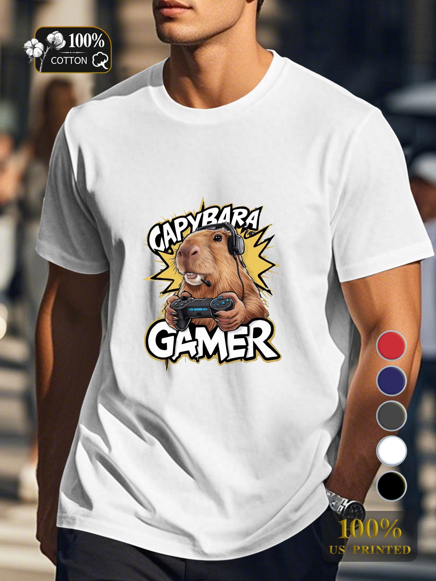 capybara gaming illustration Men's pure cotton Tshirt Comfort Fit