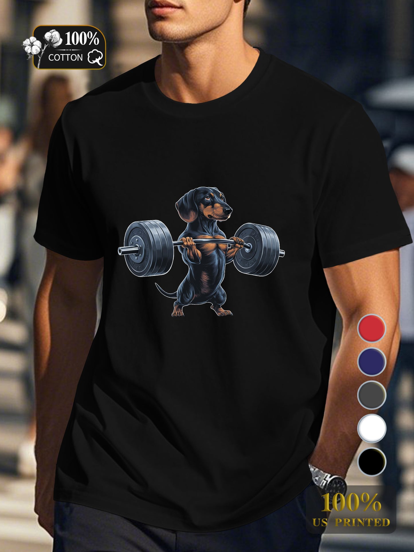 muscular dachshund lifting barbell Men's pure cotton Tshirt Comfort Fit