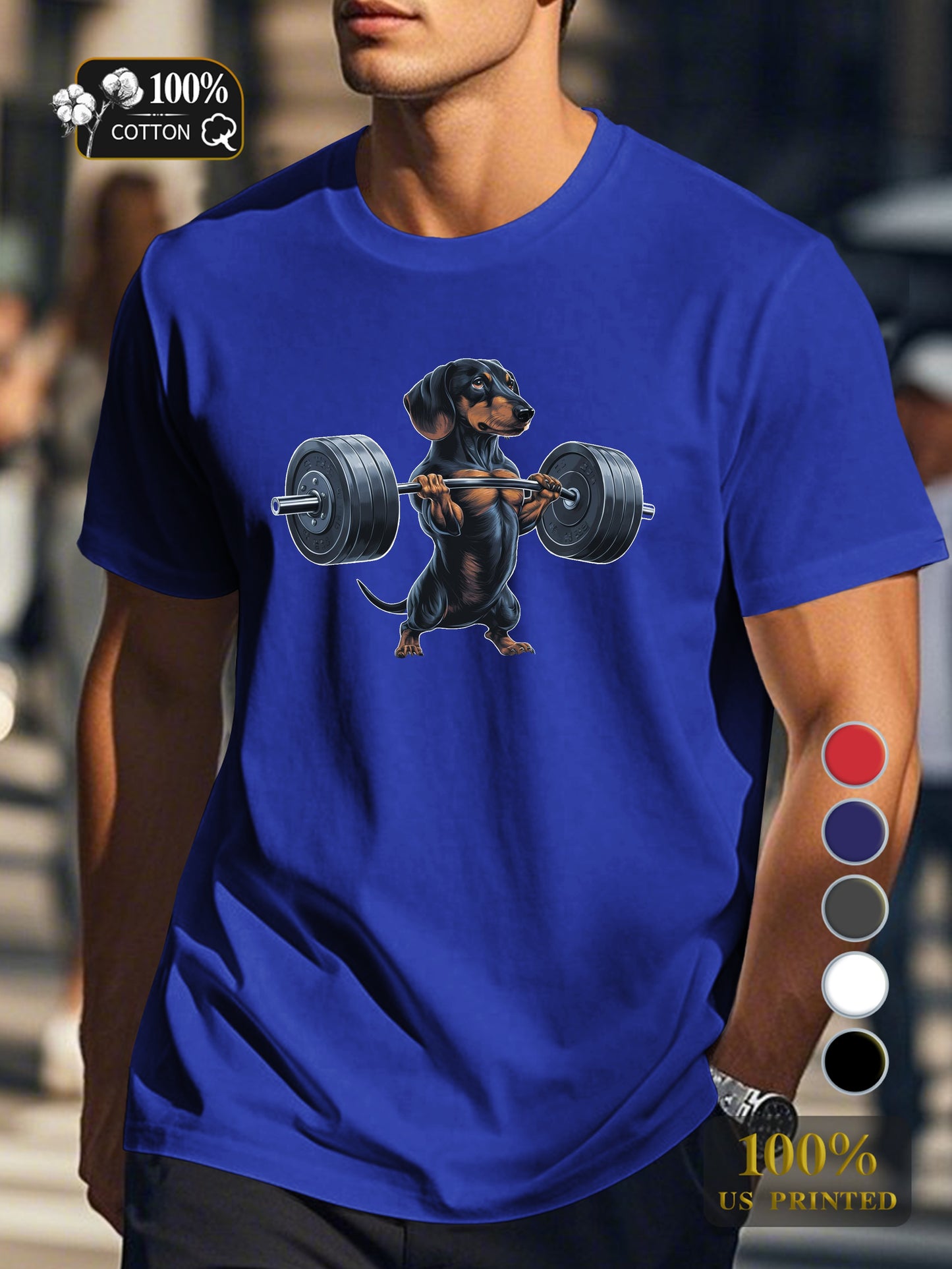 muscular dachshund lifting barbell Men's pure cotton Tshirt Comfort Fit