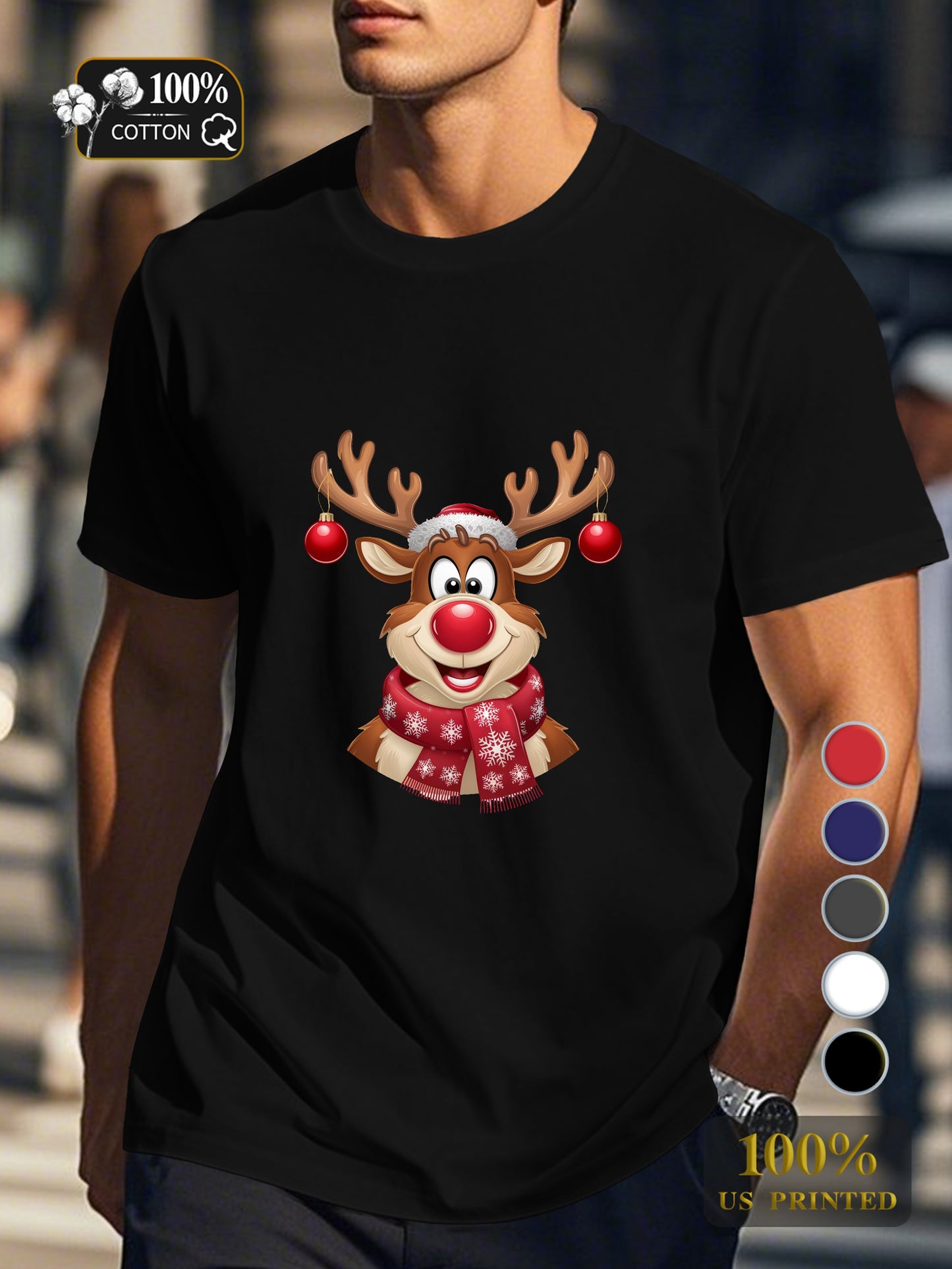 Jovial cartoon reindeer Men's pure cotton Tshirt Comfort Fit