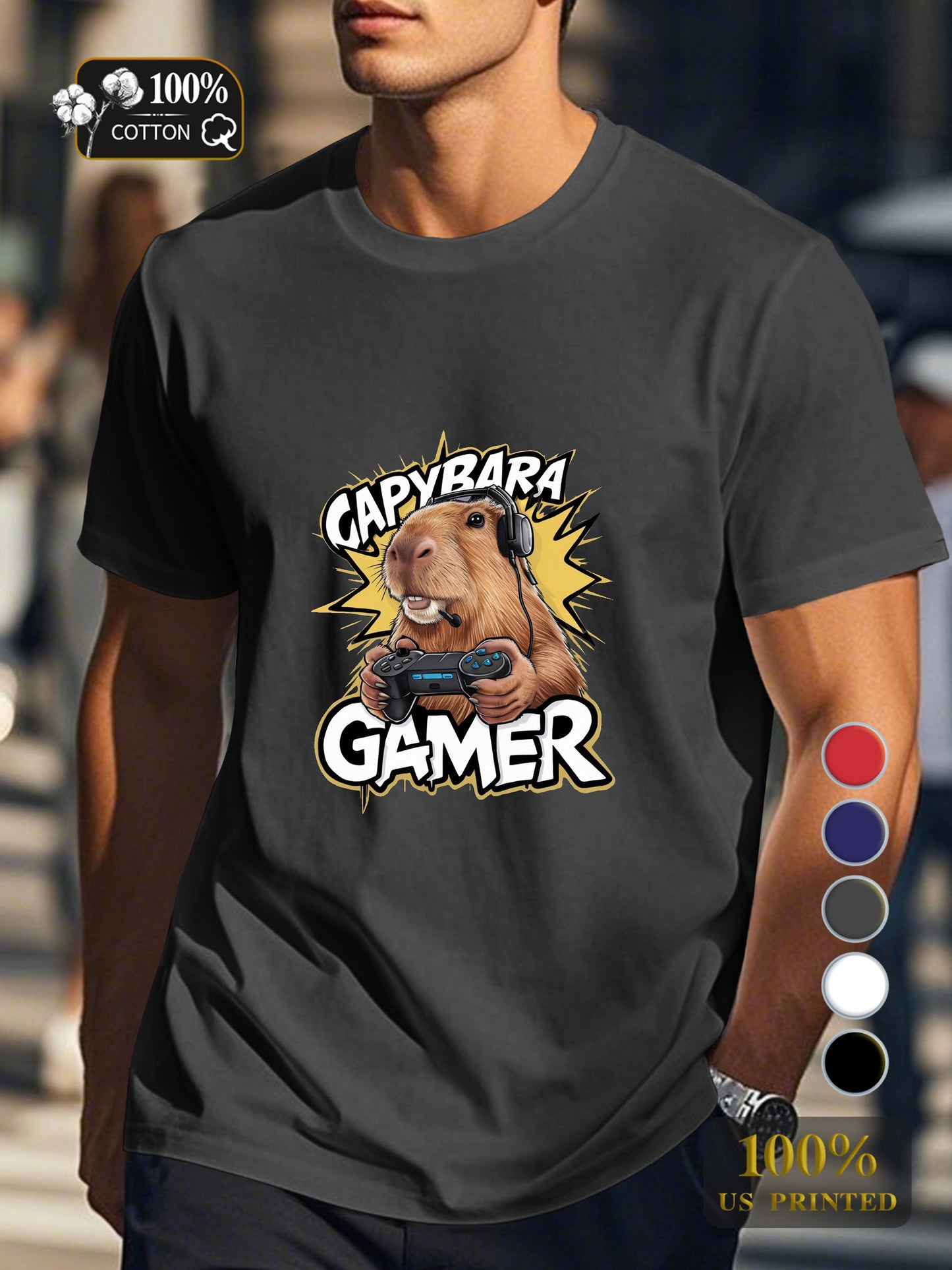 capybara gaming illustration Men's pure cotton Tshirt Comfort Fit