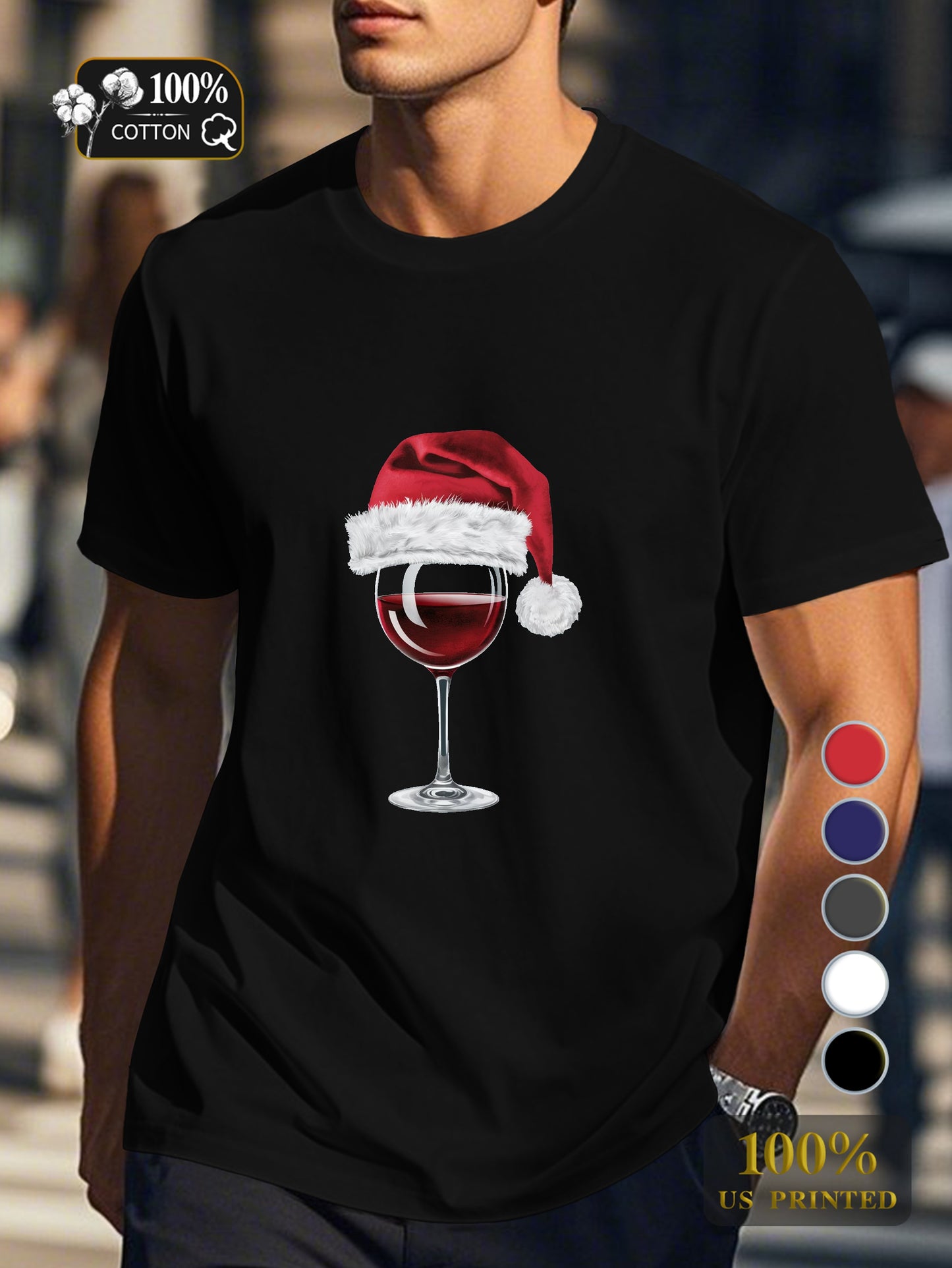 Santa hat on wine glass Men's pure cotton Tshirt Comfort Fit