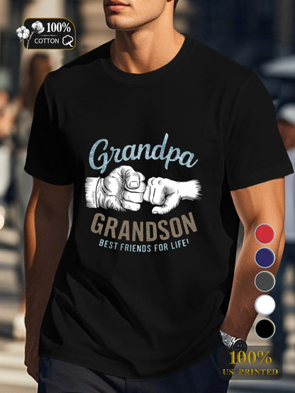 Grandpa and grandson illustration Men's pure cotton Tshirt Comfort Fit