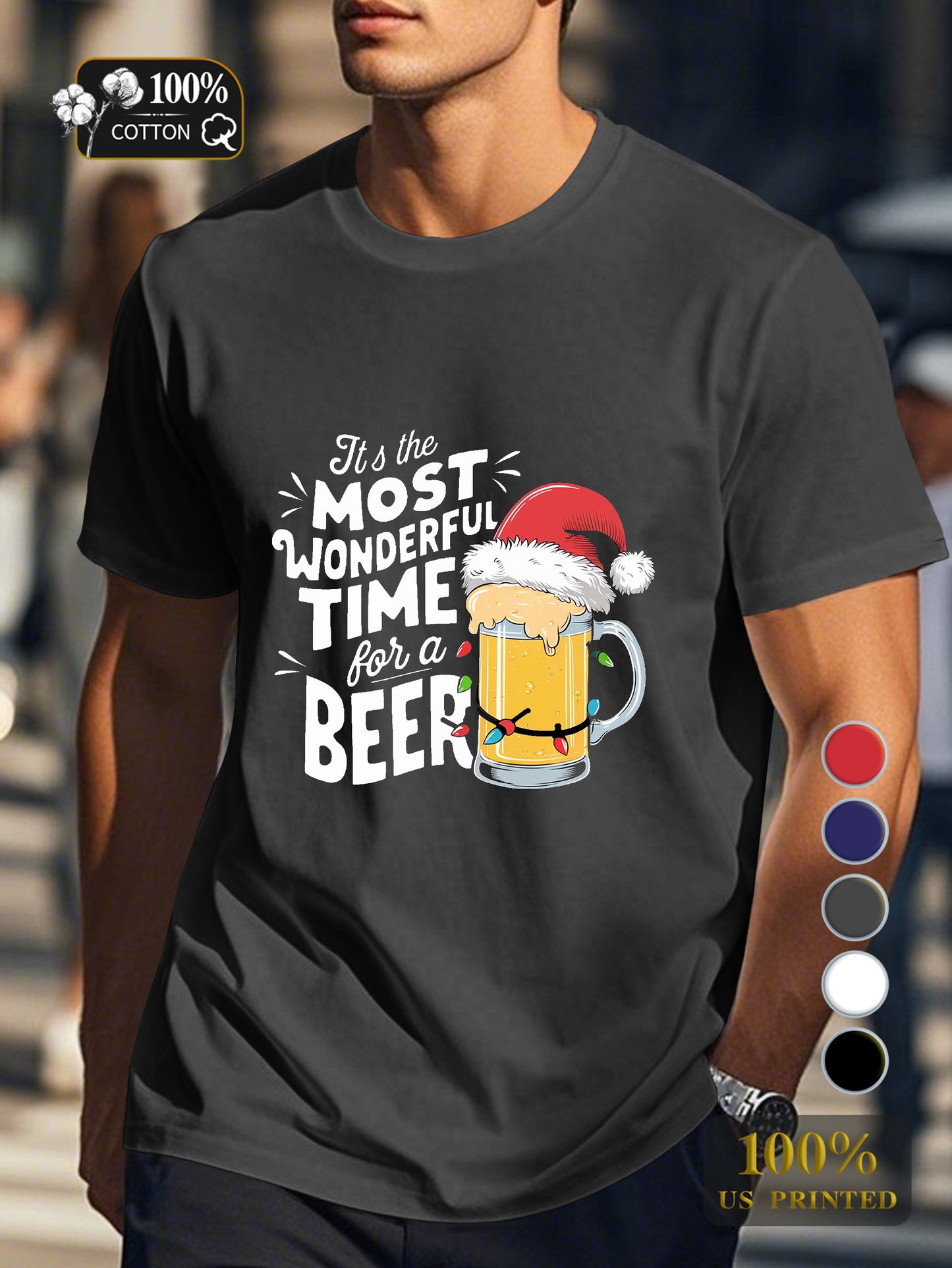 Beer mug with Santa hat Men's pure cotton Tshirt Comfort Fit