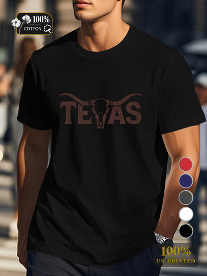 TEXAS with longhorn skull Men's pure cotton Tshirt Comfort Fit