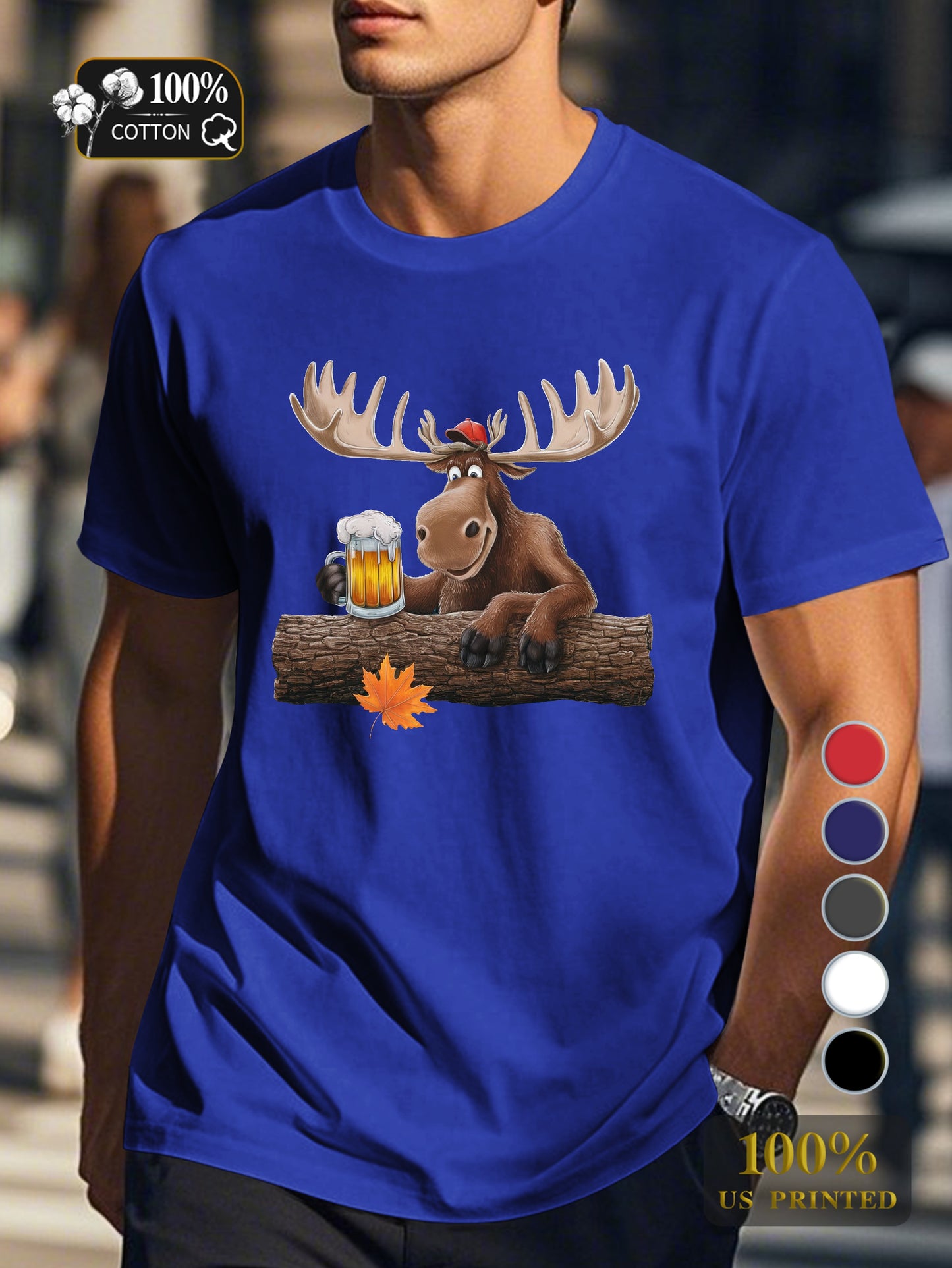cartoon moose with beer Men's pure cotton Tshirt Comfort Fit
