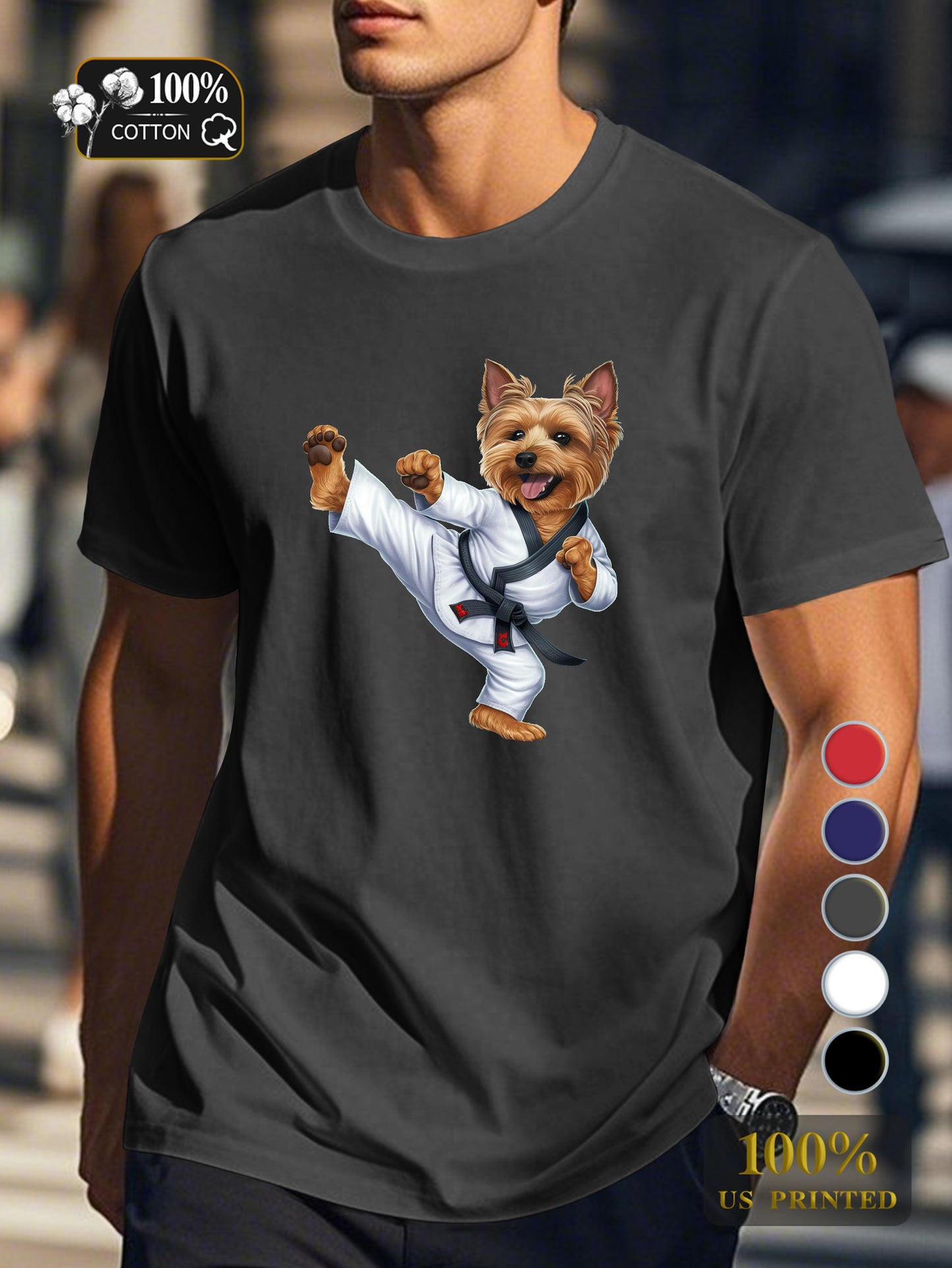 Yorkshire Terrier in martial arts gi Men's pure cotton Tshirt Comfort Fit