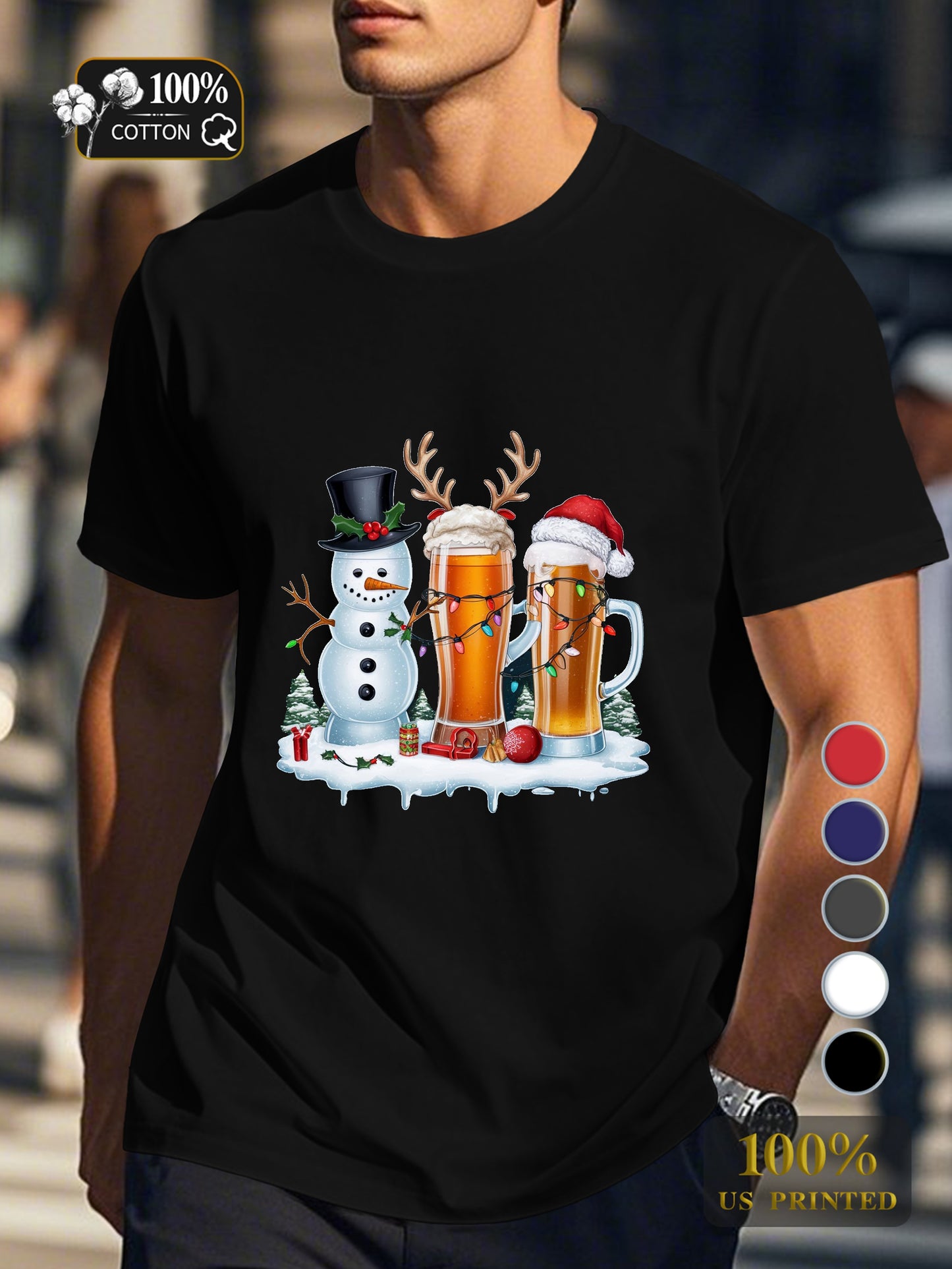 Holiday themed beer glasses Men's pure cotton Tshirt Comfort Fit