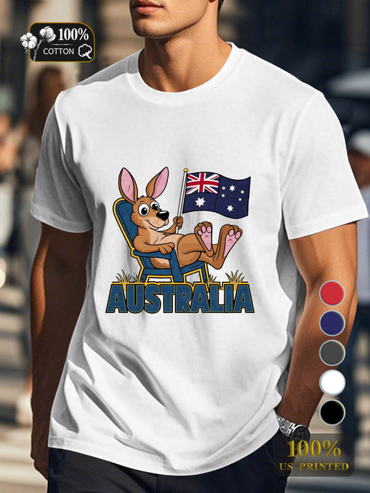 Cartoon kangaroo with flag Men's pure cotton Tshirt Comfort Fit