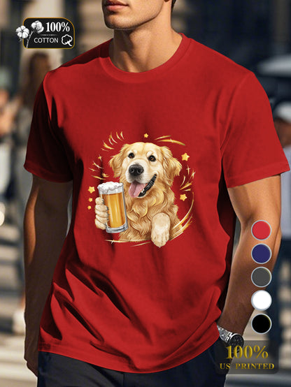 Golden retriever with beer Men's pure cotton Tshirt Comfort Fit
