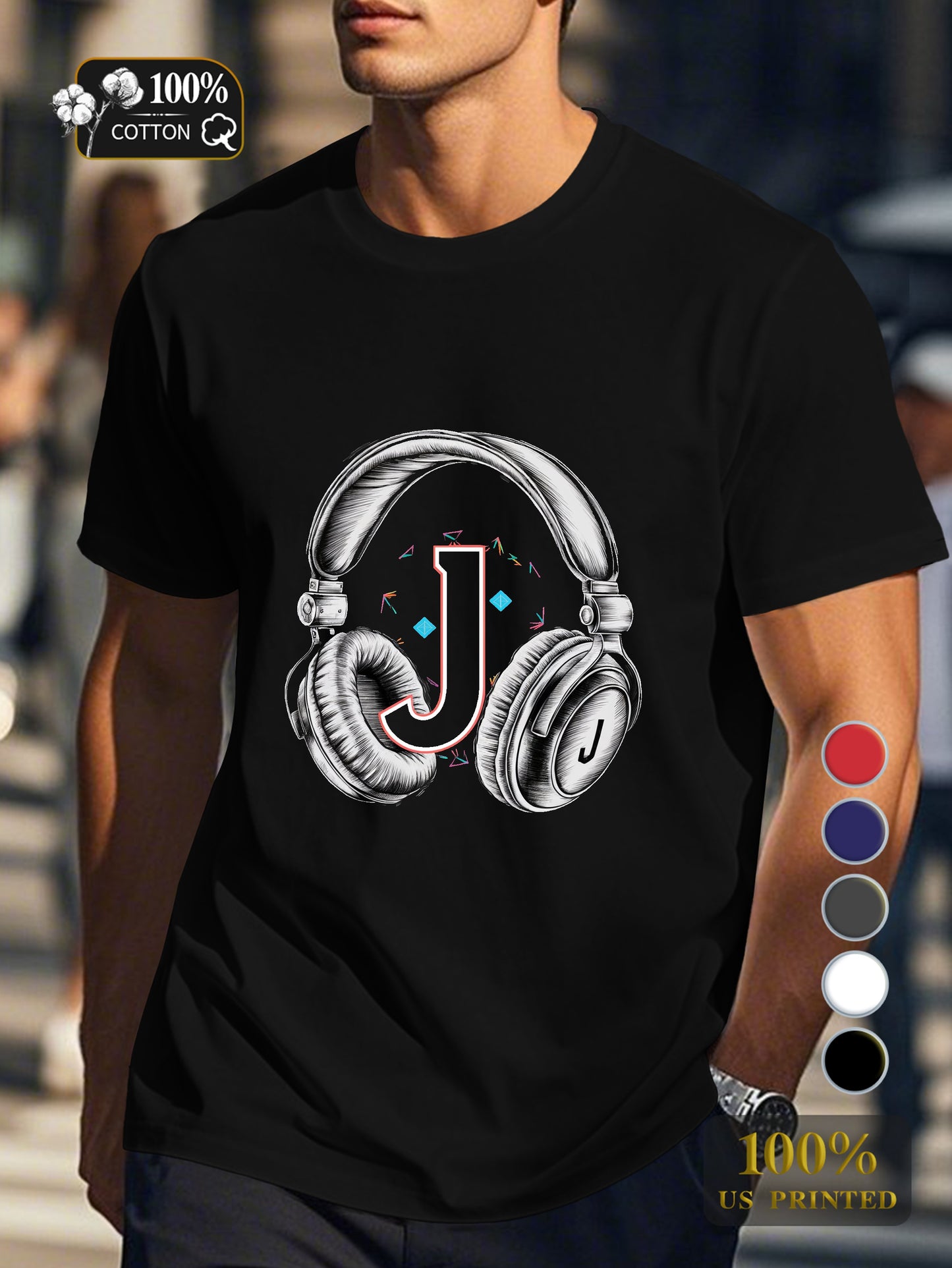 vintage headphones and letter J Men's pure cotton Tshirt Comfort Fit
