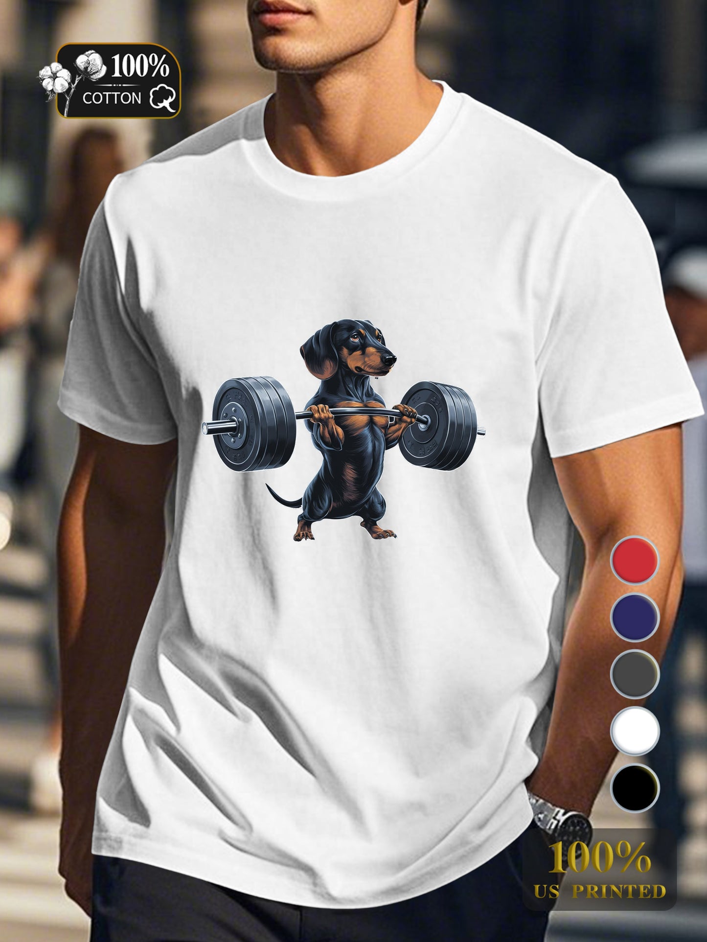 muscular dachshund lifting barbell Men's pure cotton Tshirt Comfort Fit