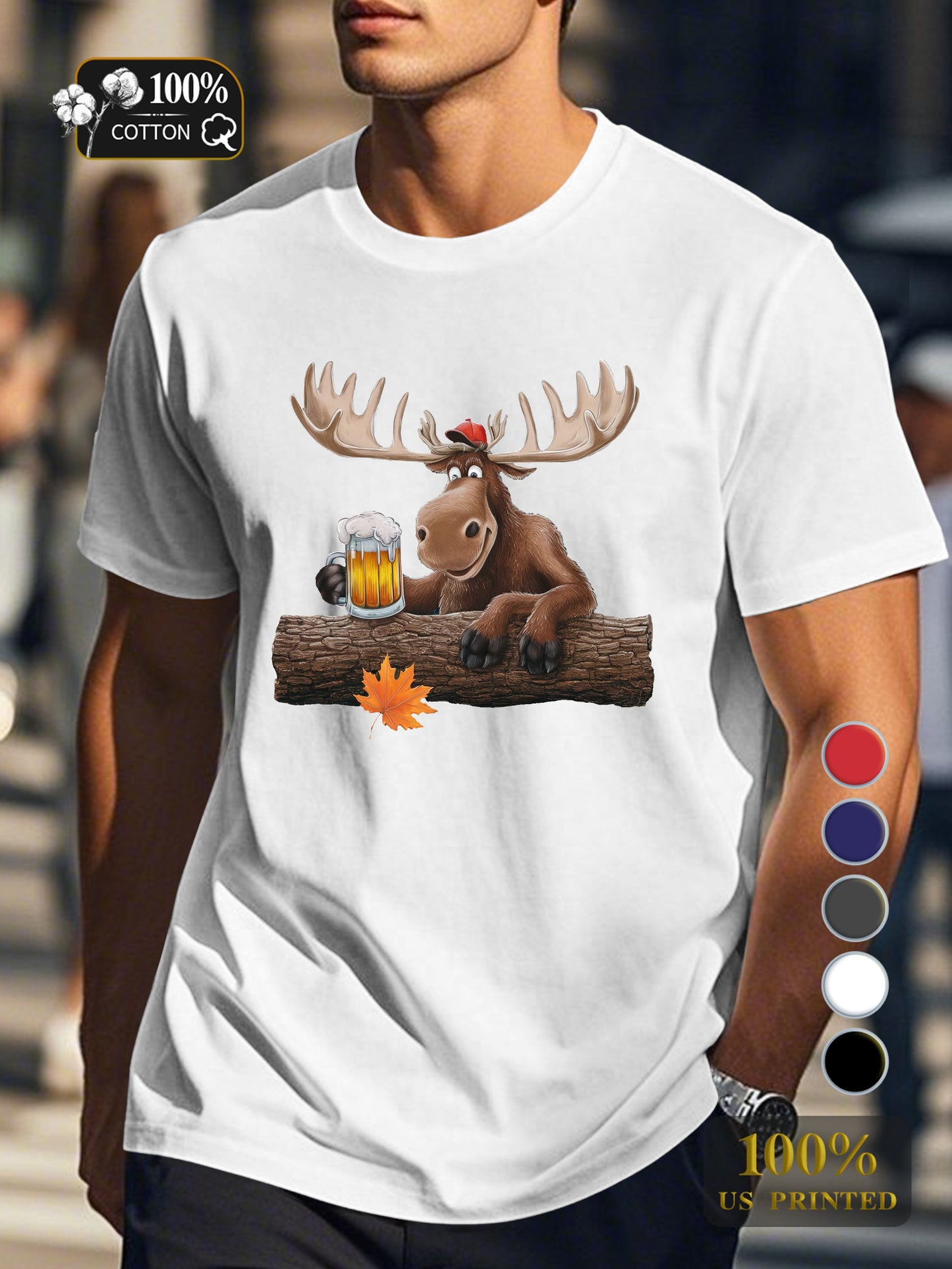cartoon moose with beer Men's pure cotton Tshirt Comfort Fit