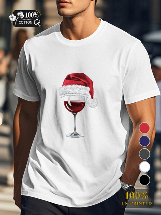 Santa hat on wine glass Men's pure cotton Tshirt Comfort Fit