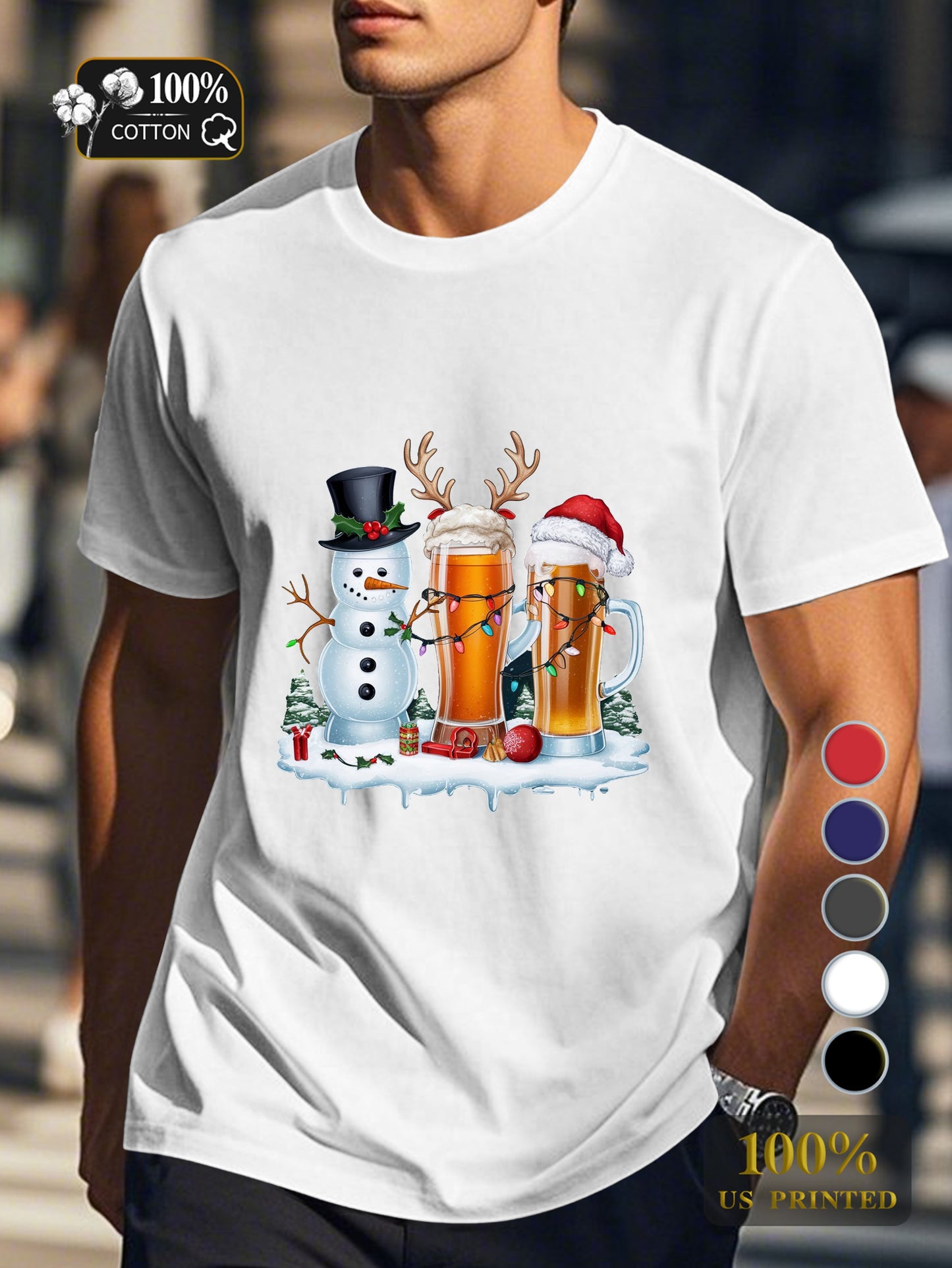 Holiday themed beer glasses Men's pure cotton Tshirt Comfort Fit