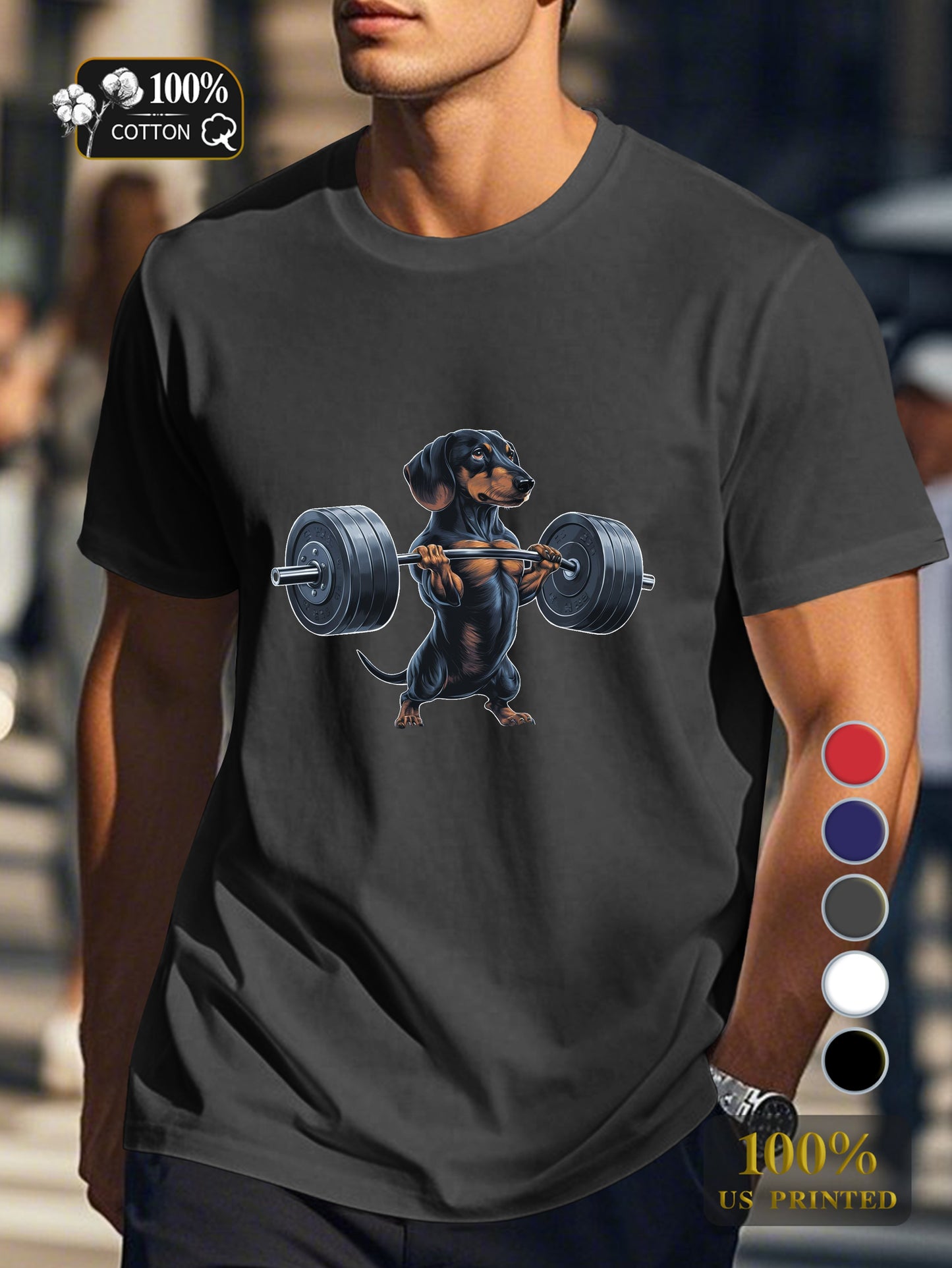 muscular dachshund lifting barbell Men's pure cotton Tshirt Comfort Fit