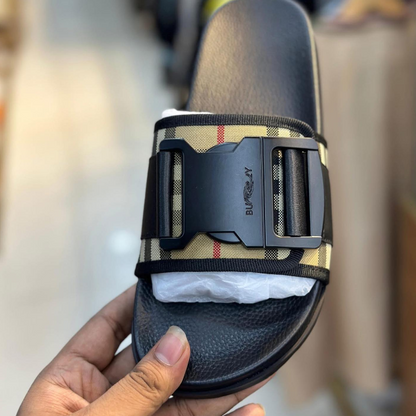 Buckled Strap Slides Check Cotton