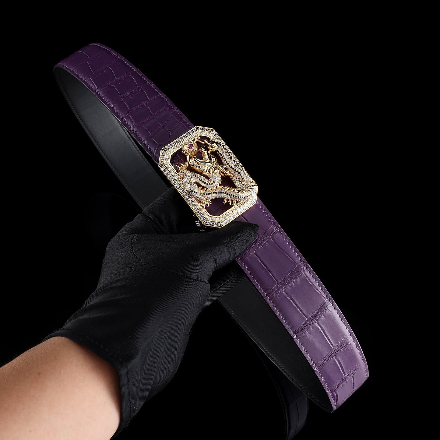 BELTLEY Purple Niloticus Crocodile Belt – “Long” Dragon Buckle Edition