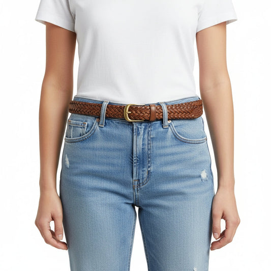 BELTLEY Handwoven Brown Full-Grain Leather Belt for Women