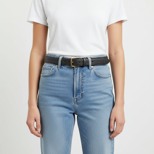 BELTLEY Women's Skinny Black Leather Belt | 28mm Width