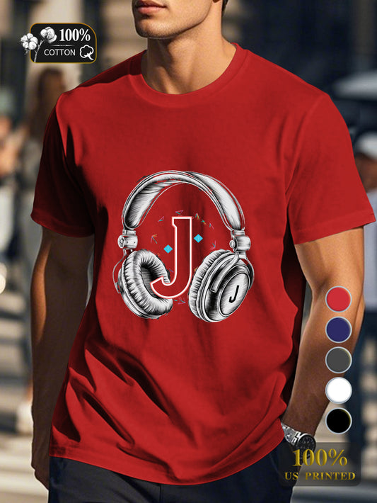 vintage headphones and letter J Men's pure cotton Tshirt Comfort Fit