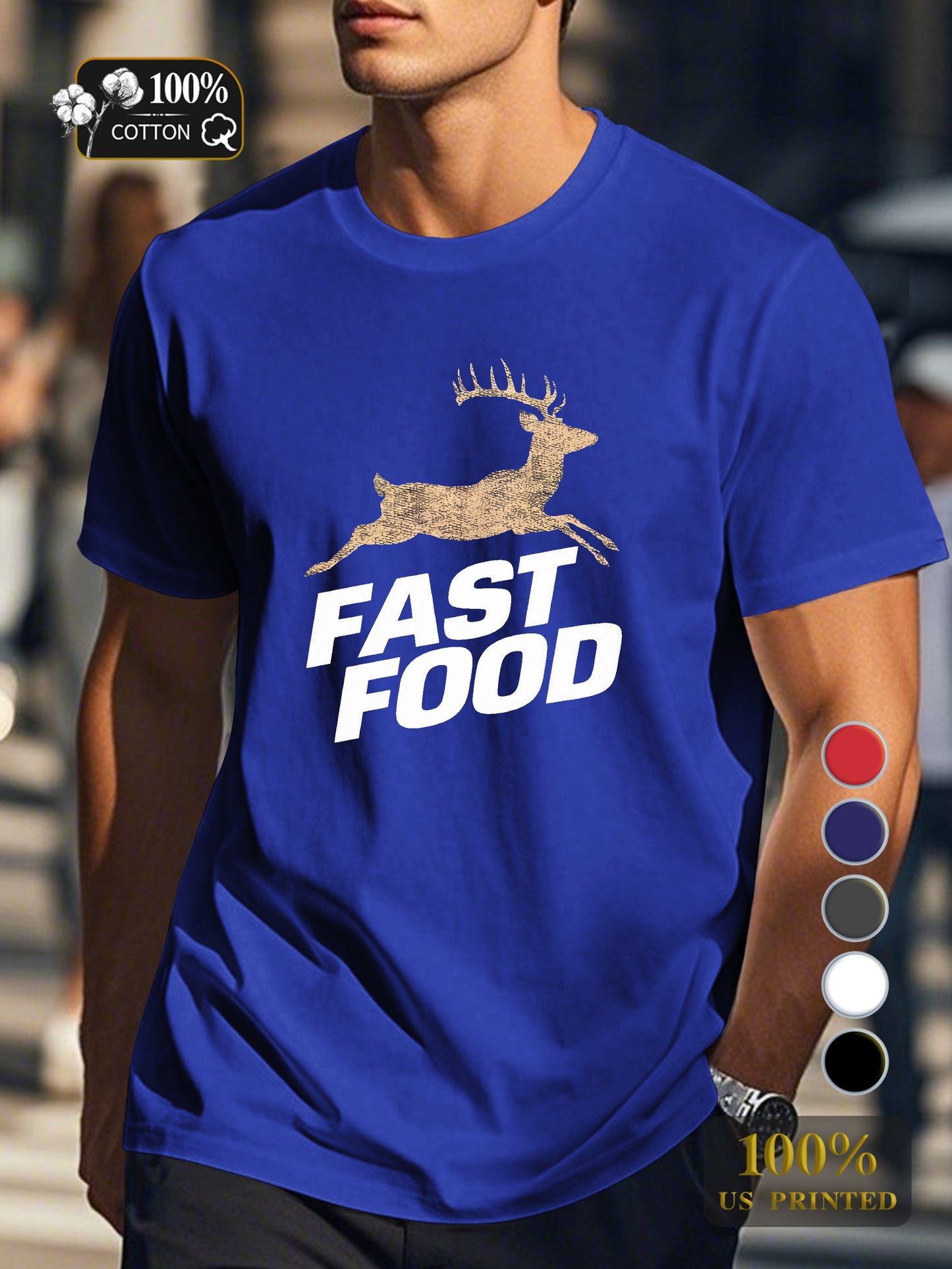 FAST FOOD with a deer twist Men's pure cotton Tshirt Comfort Fit