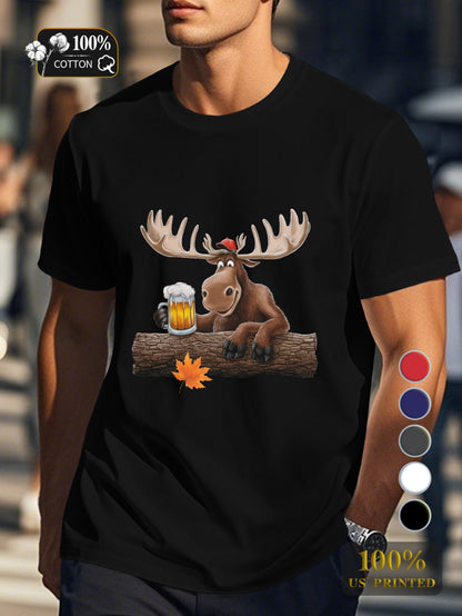 cartoon moose with beer Men's pure cotton Tshirt Comfort Fit