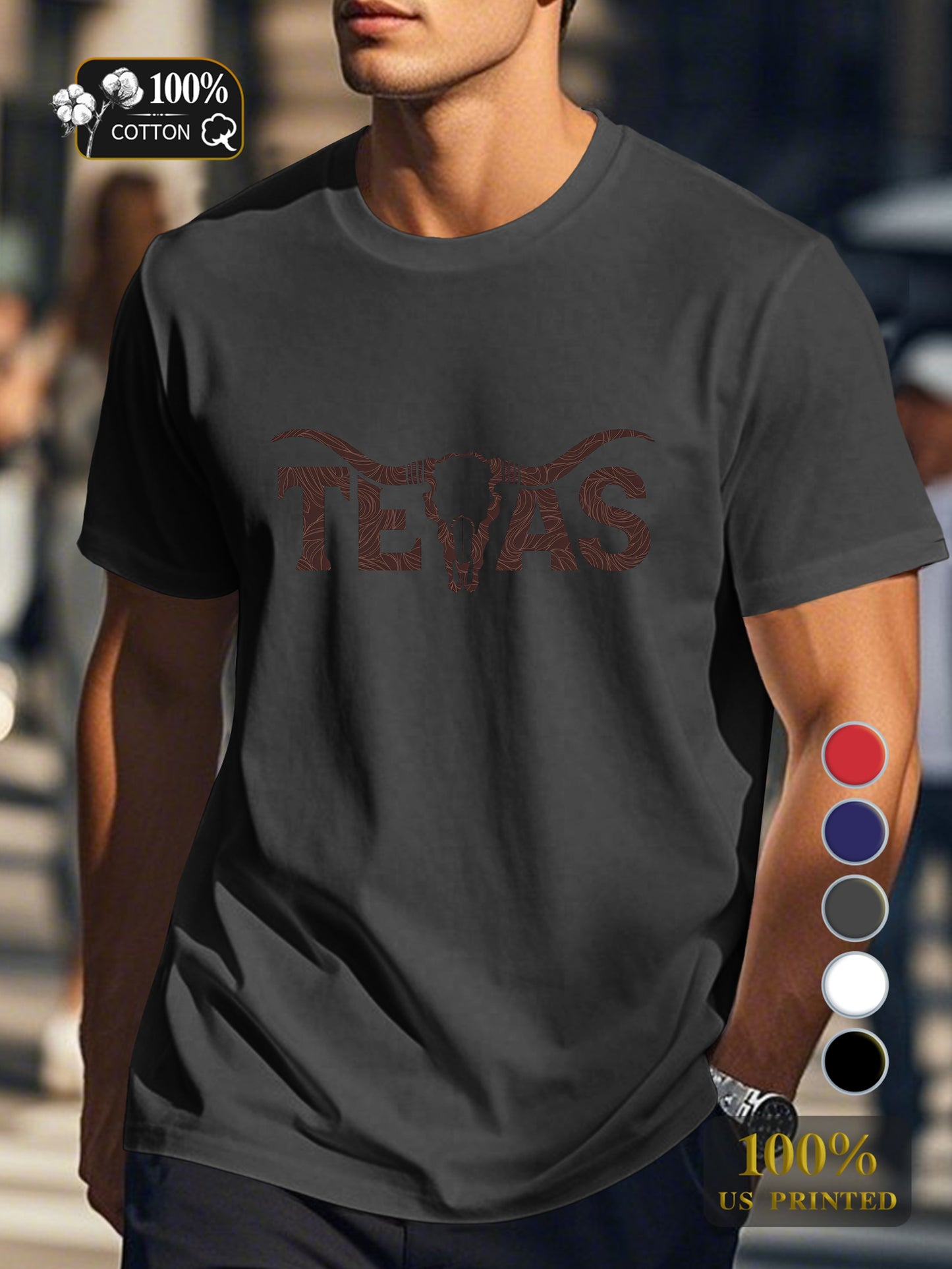 TEXAS with longhorn skull Men's pure cotton Tshirt Comfort Fit