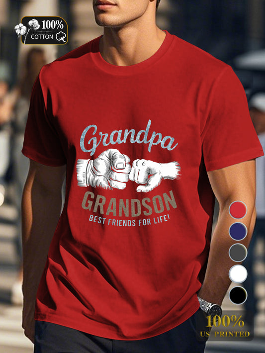 Grandpa and grandson illustration Men's pure cotton Tshirt Comfort Fit